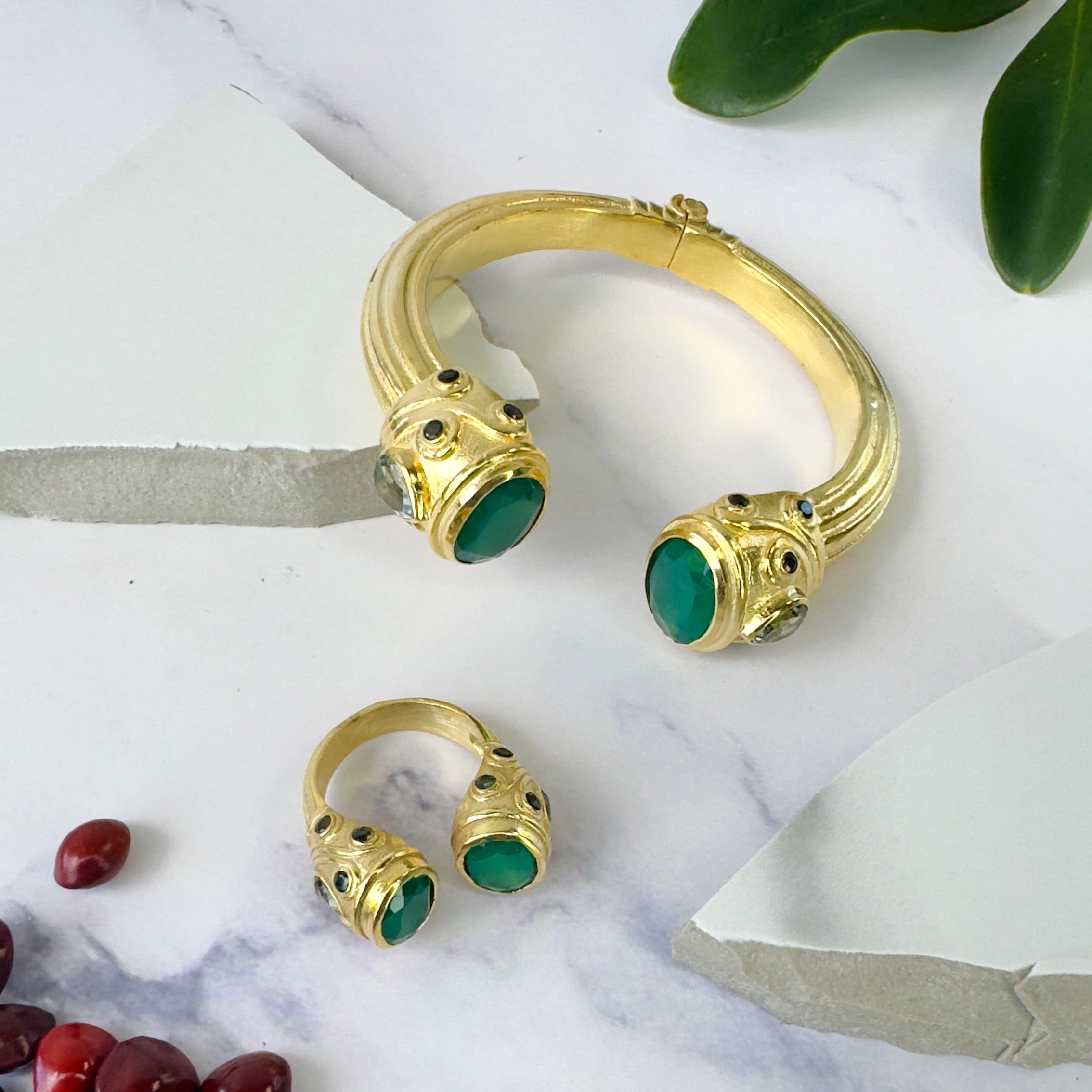 Constantinople Cuff in Green Onyx & Prasiolite in Green Onyx, gold plated, handcrafted gemstone bracelets Singapore