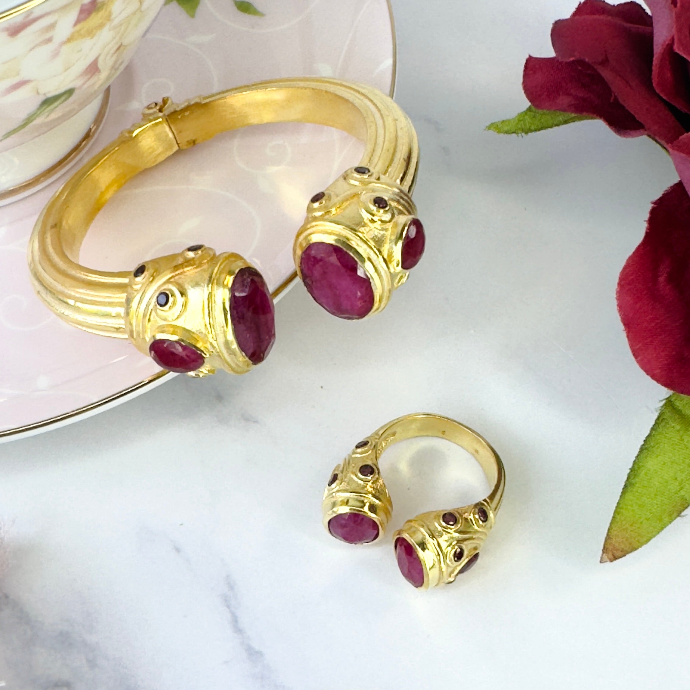 Constantinople Cuff in Ruby in Ruby, gold plated, handcrafted gemstone bracelets Singapore