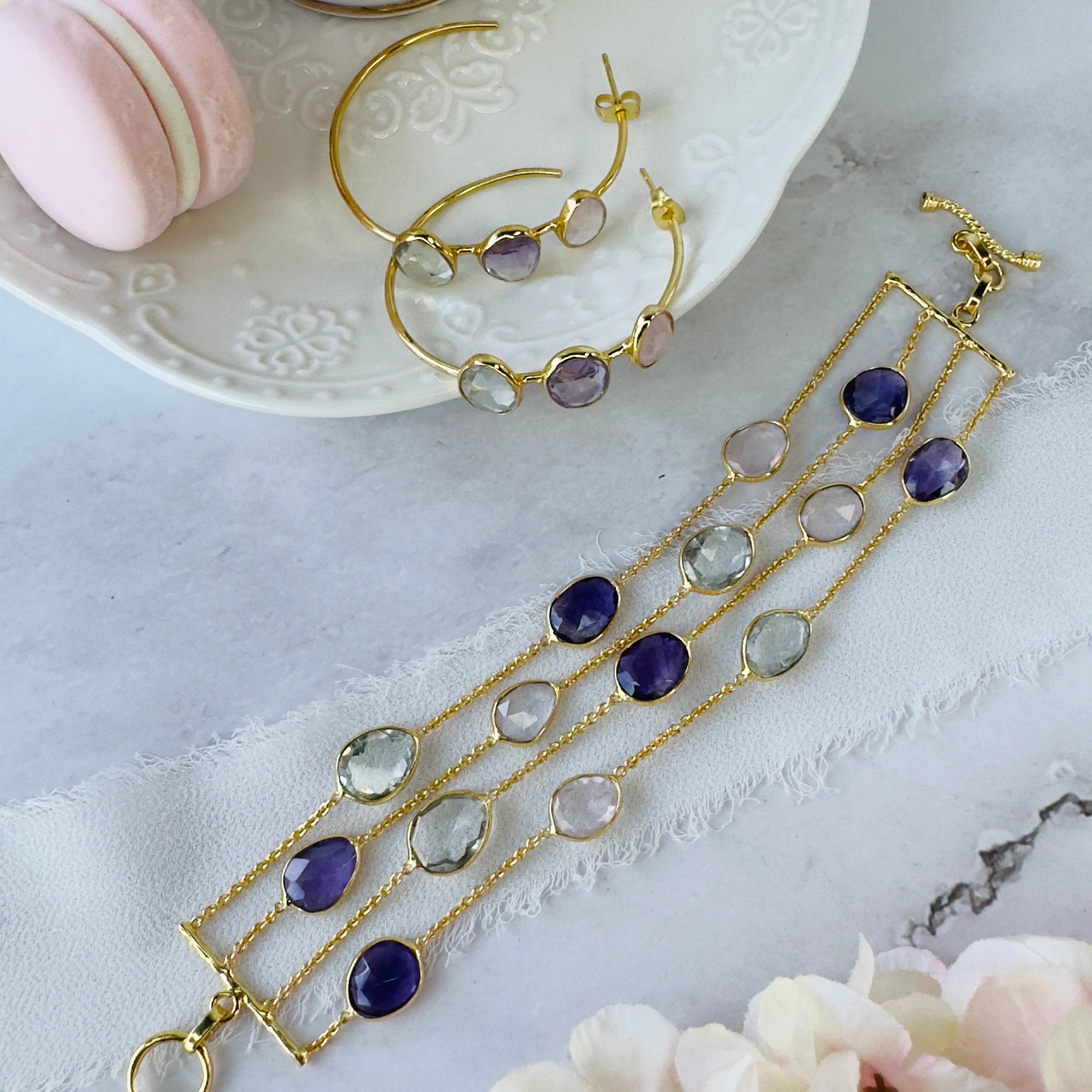 Gemstone Hoops in Amethyst, Prasiolite & Rose Quartz