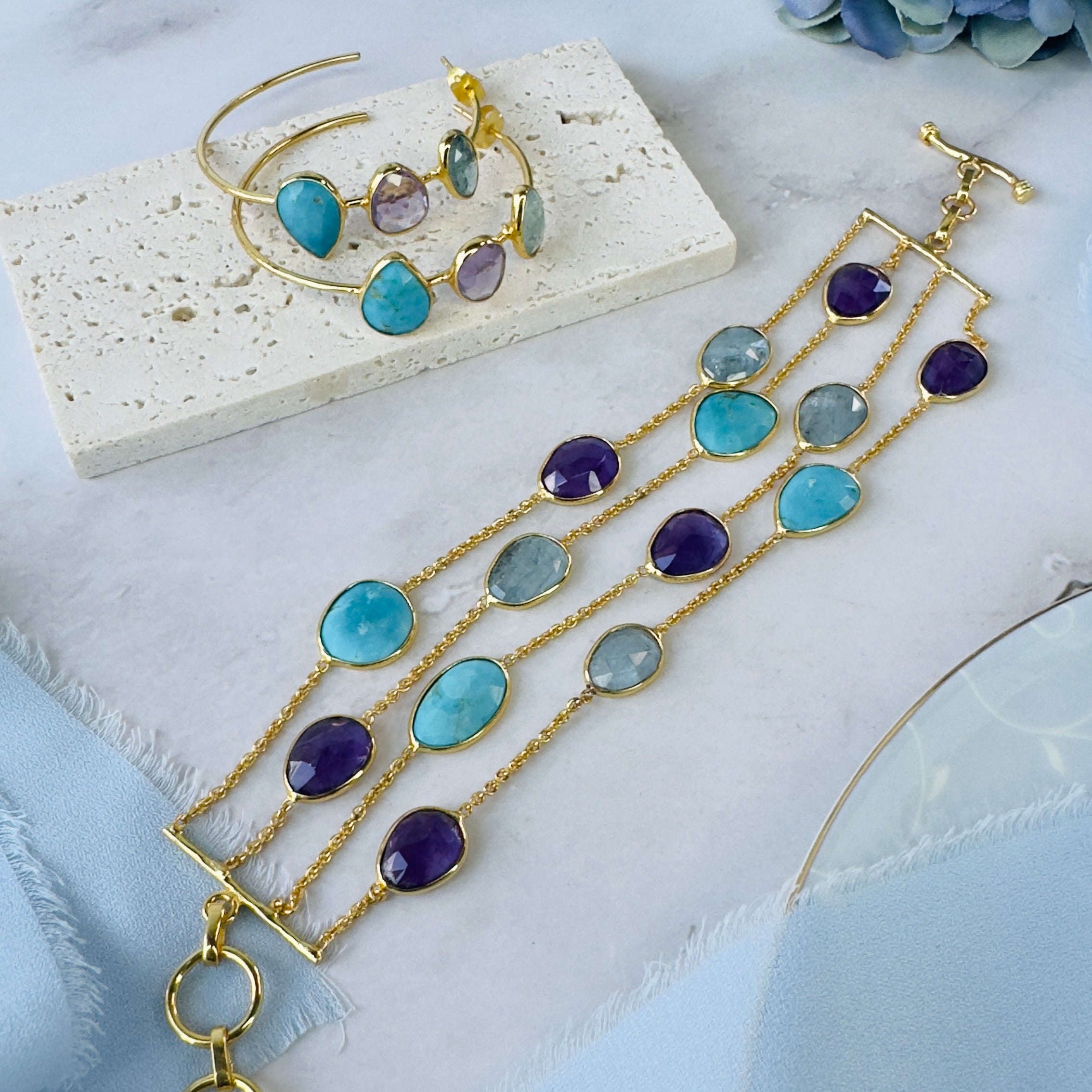 4-Line Bracelet in Aquamarine, Amethyst & Turquoise in Aquamarine, gold plated, handcrafted gemstone bracelets Singapore