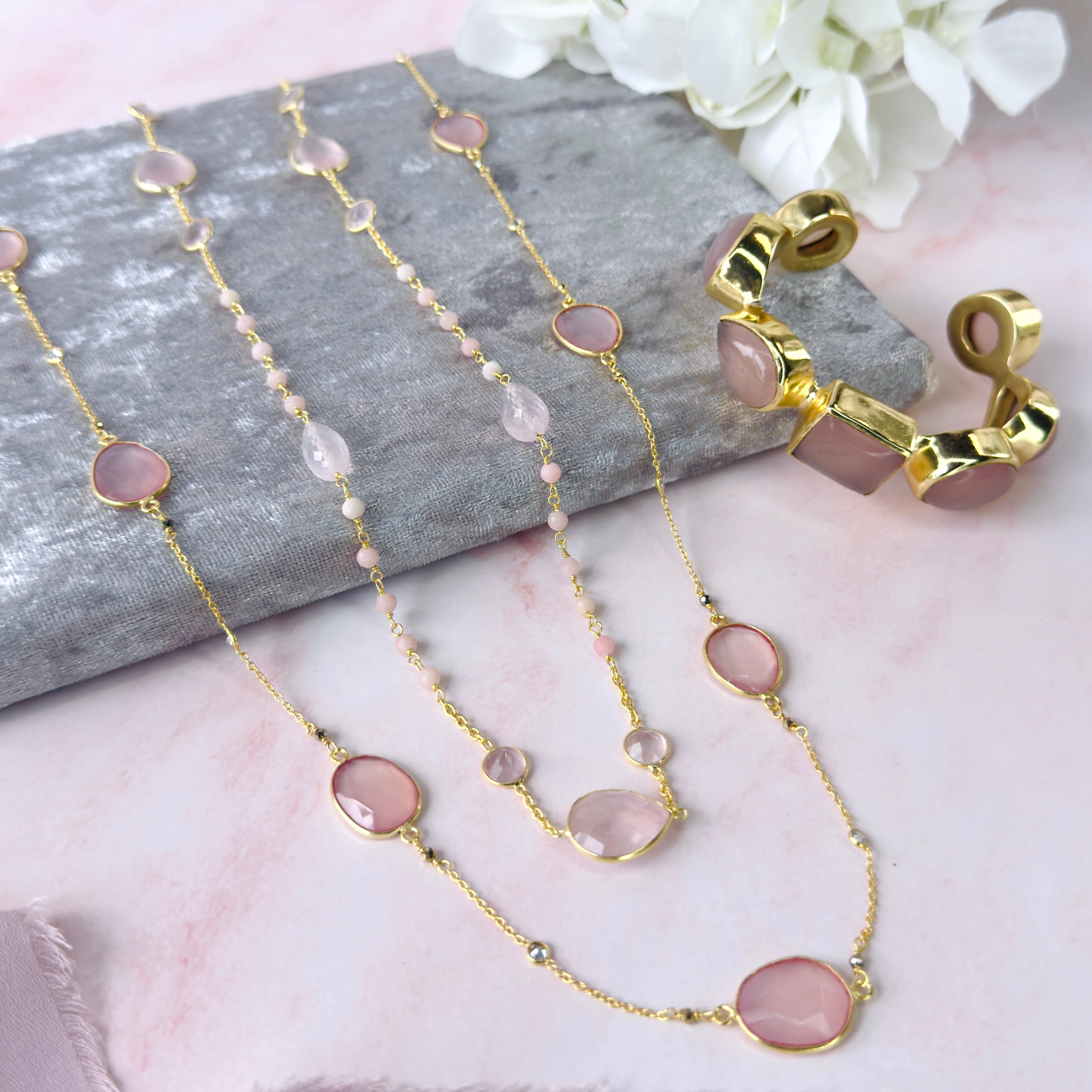 Pink Chalcedony Station Necklace, gold plated, handcrafted gemstone necklace Singapore