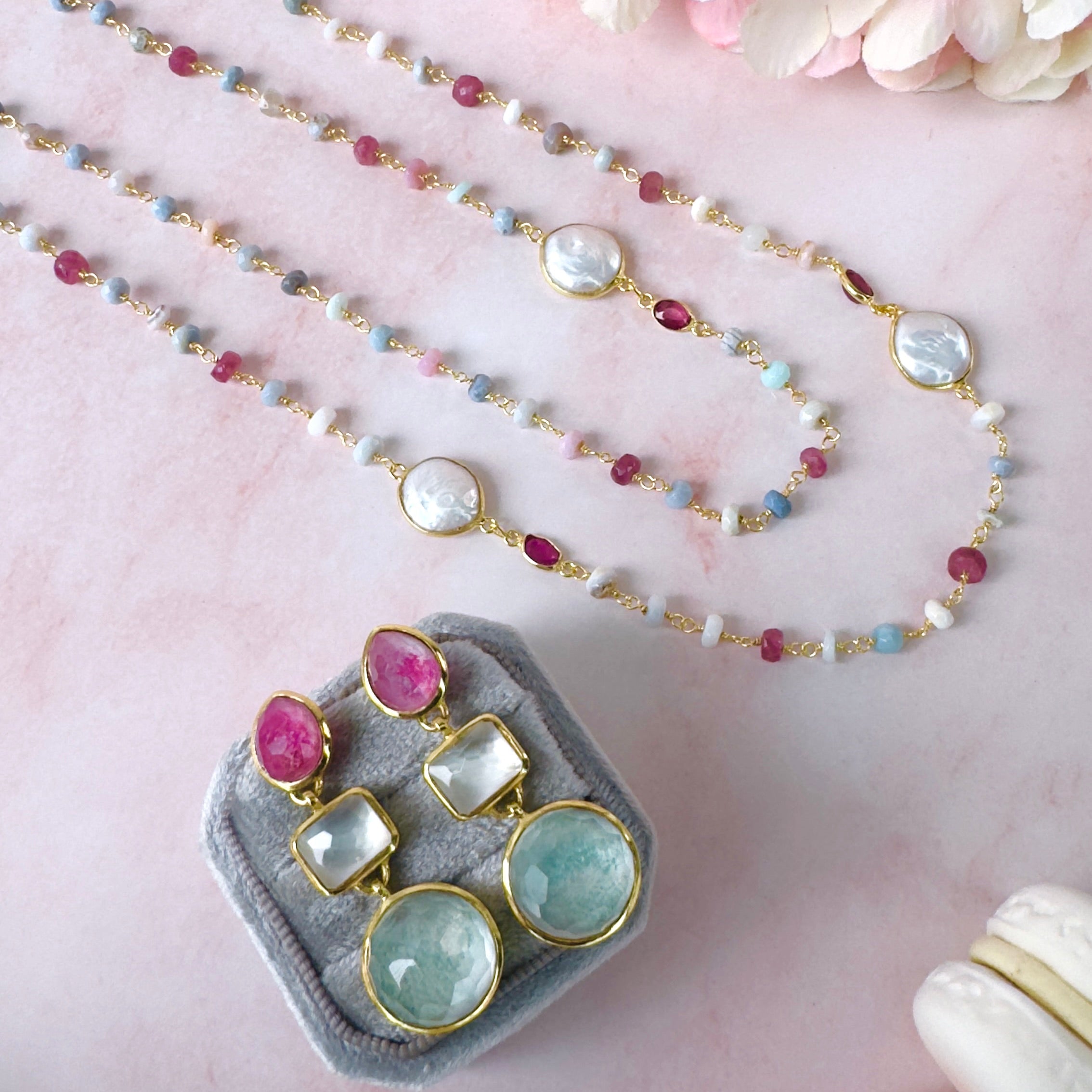 Necklace in Opal, Ruby, Sapphire, Emerald & Pearl in Pink Opal, gold plated, handcrafted gemstone necklace Singapore