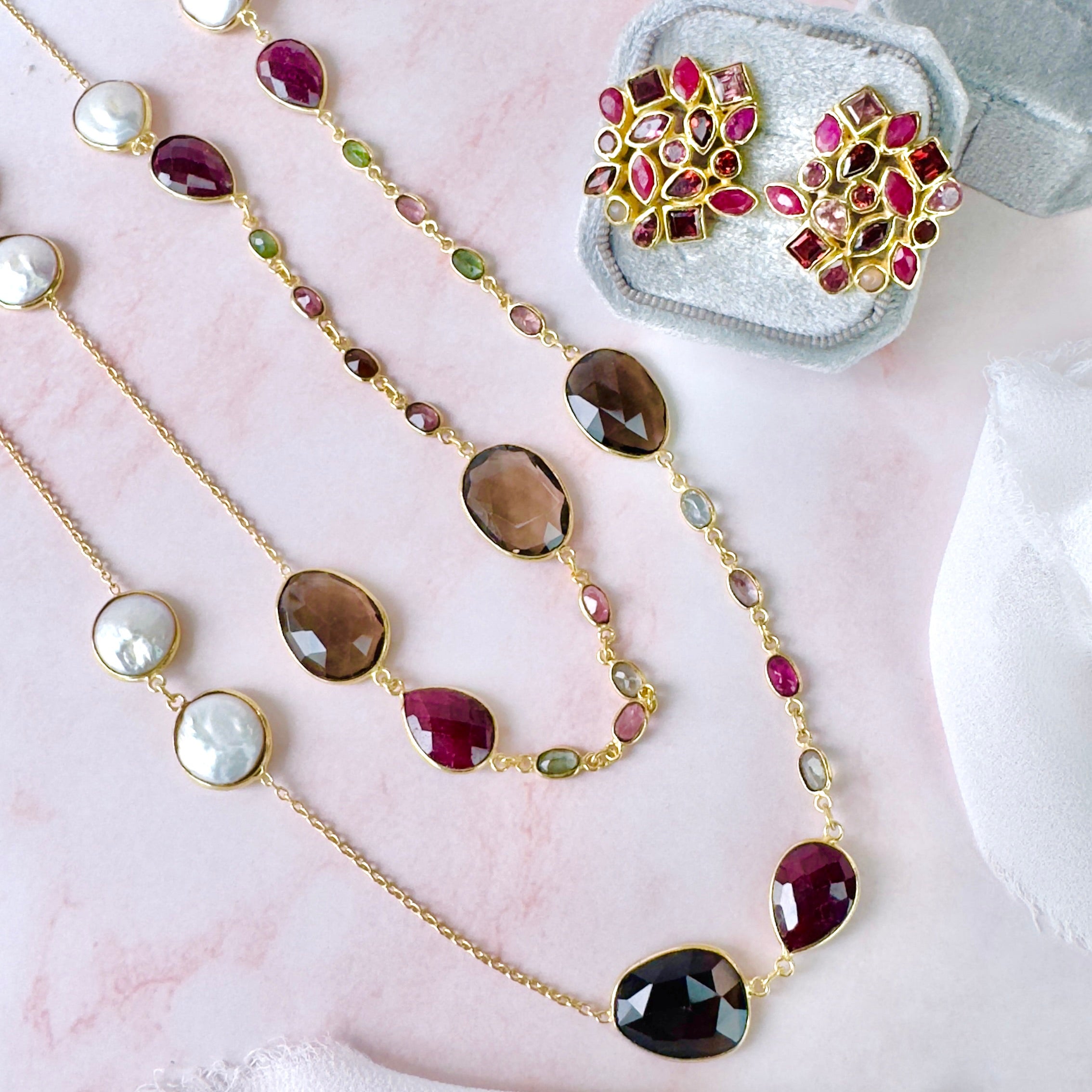Necklace in Tourmaline, Ruby, Pearl & Smoky Quartz in Pearl, gold plated, handcrafted gemstone necklace Singapore