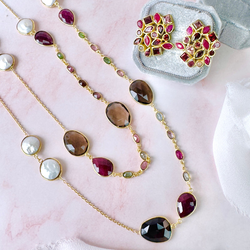Necklace - Tourmaline, Ruby, Pearl & Smoky Quartz