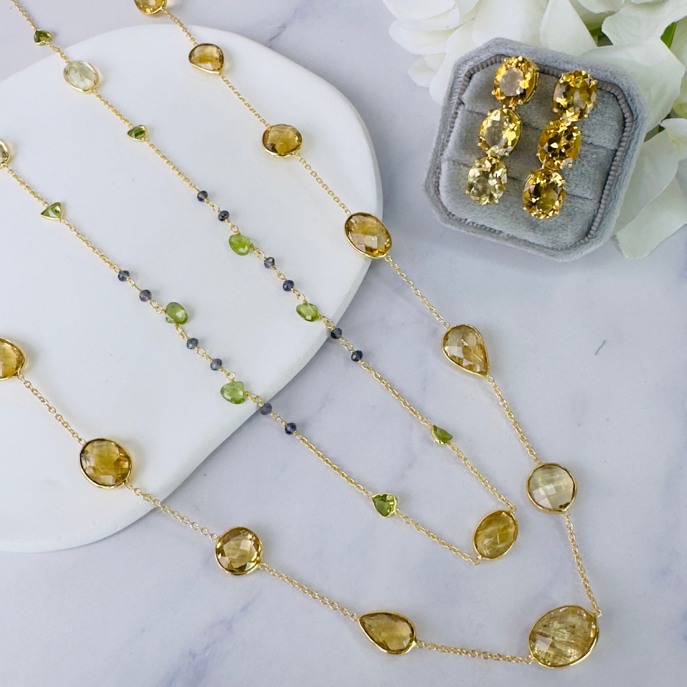Necklace in Iolite, Citrine & Peridot in Iolite, gold plated, handcrafted gemstone necklace Singapore