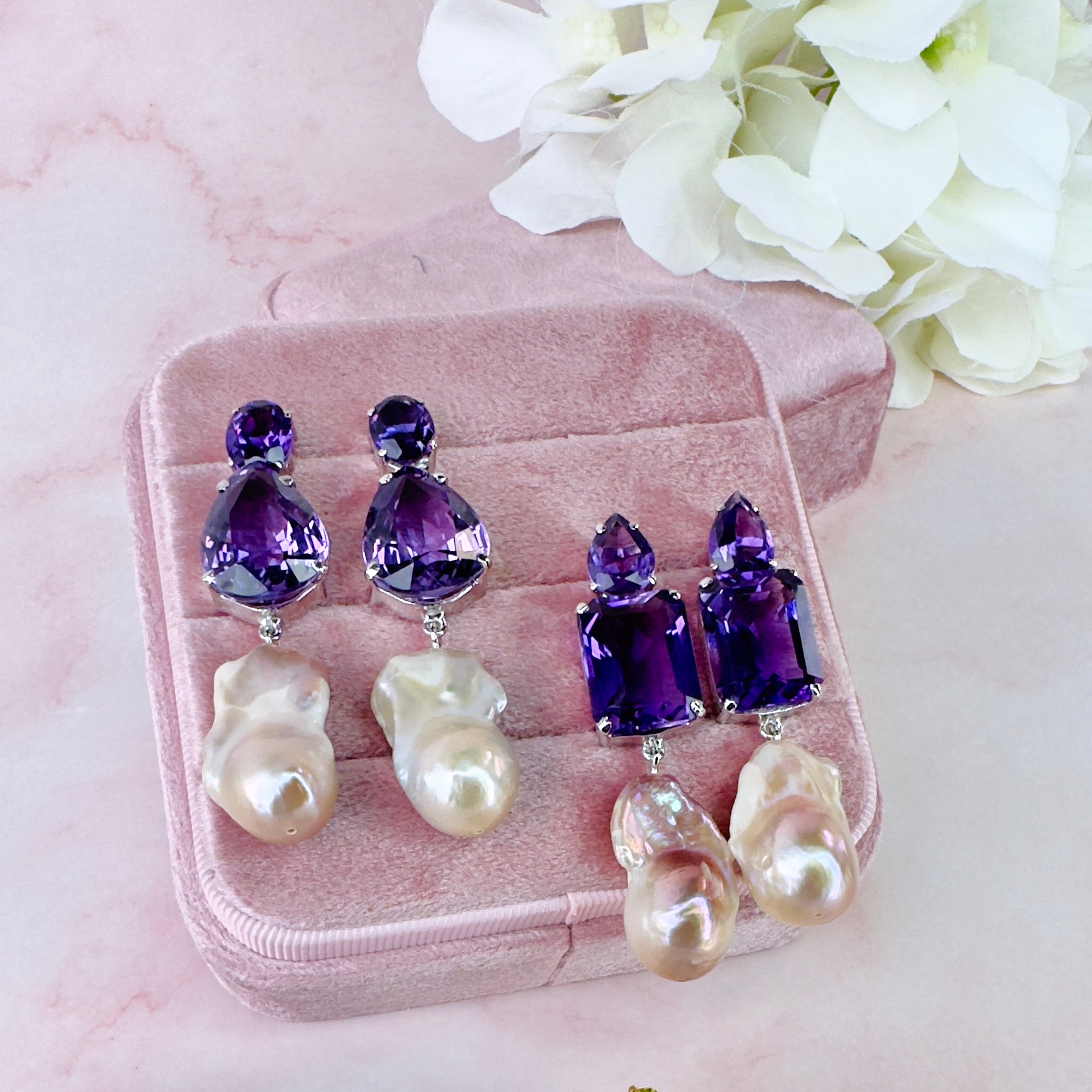 Amethyst & Baroque Pearl Trio in Amethyst, gold plated, handcrafted gemstone earrings Singapore