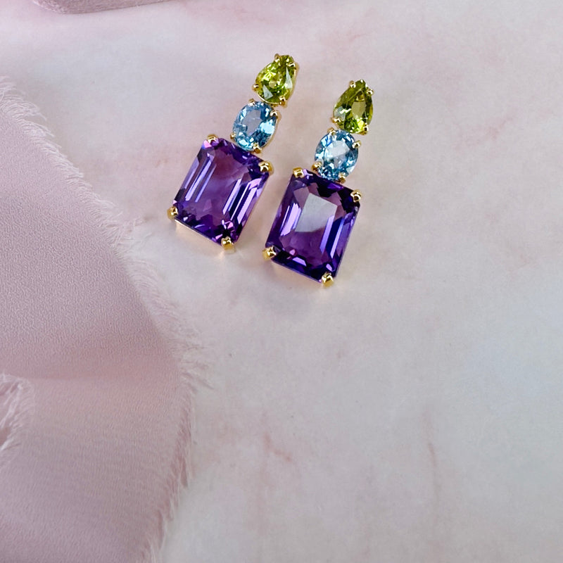 Earrings - Peridot, Blue Topaz & Amethyst Trio