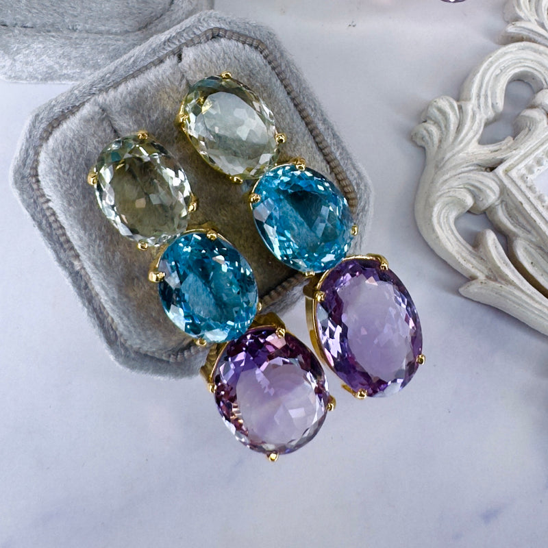 Earrings - Prasiolite, Blue Topaz & Amethyst Trio