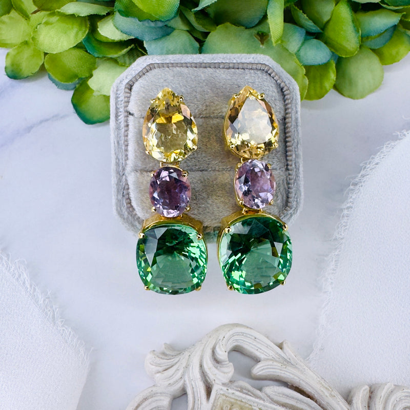Earrings - Citrine, Amethyst & Green Quartz Trio