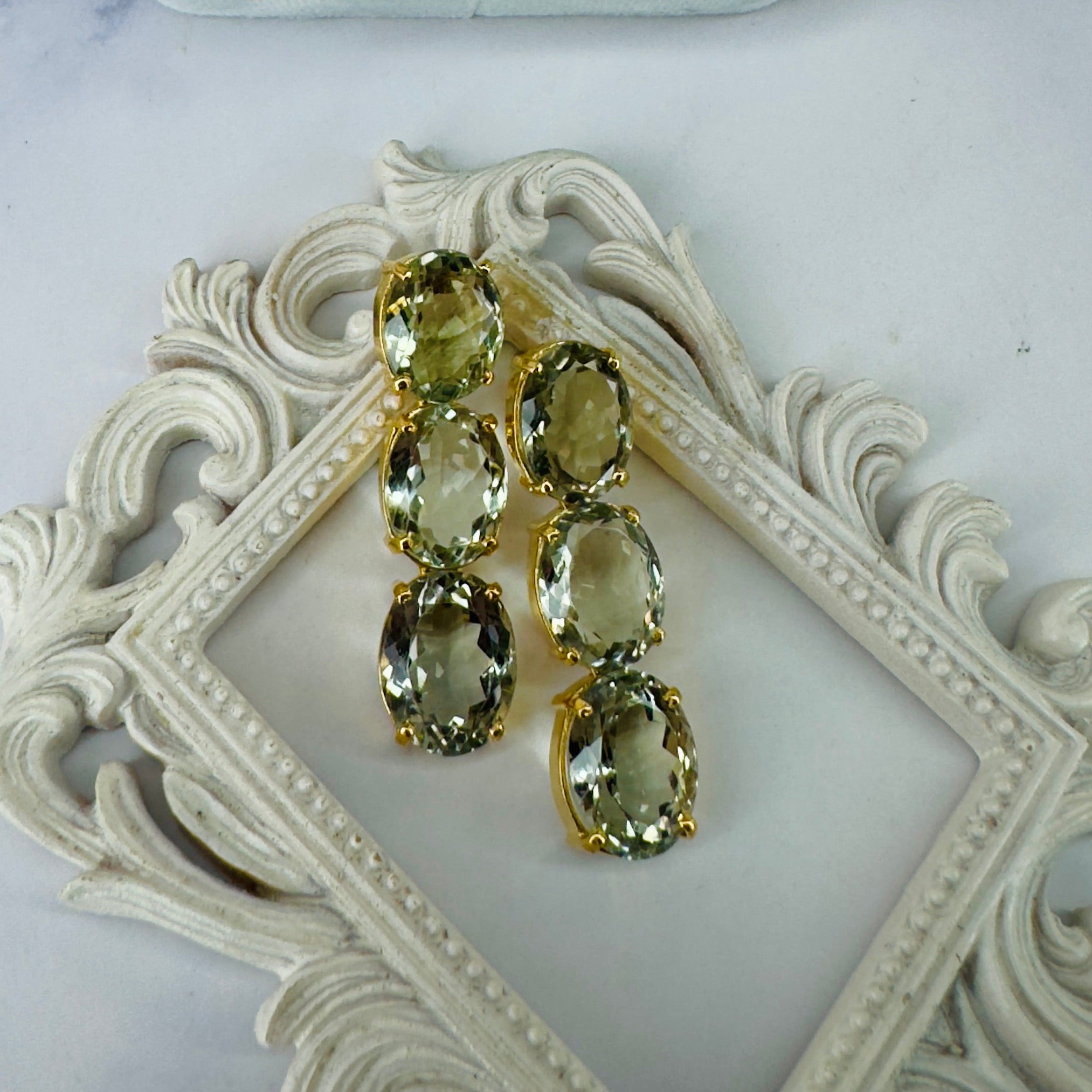 Prasiolite Trio in Prasiolite, gold plated, handcrafted gemstone earrings Singapore
