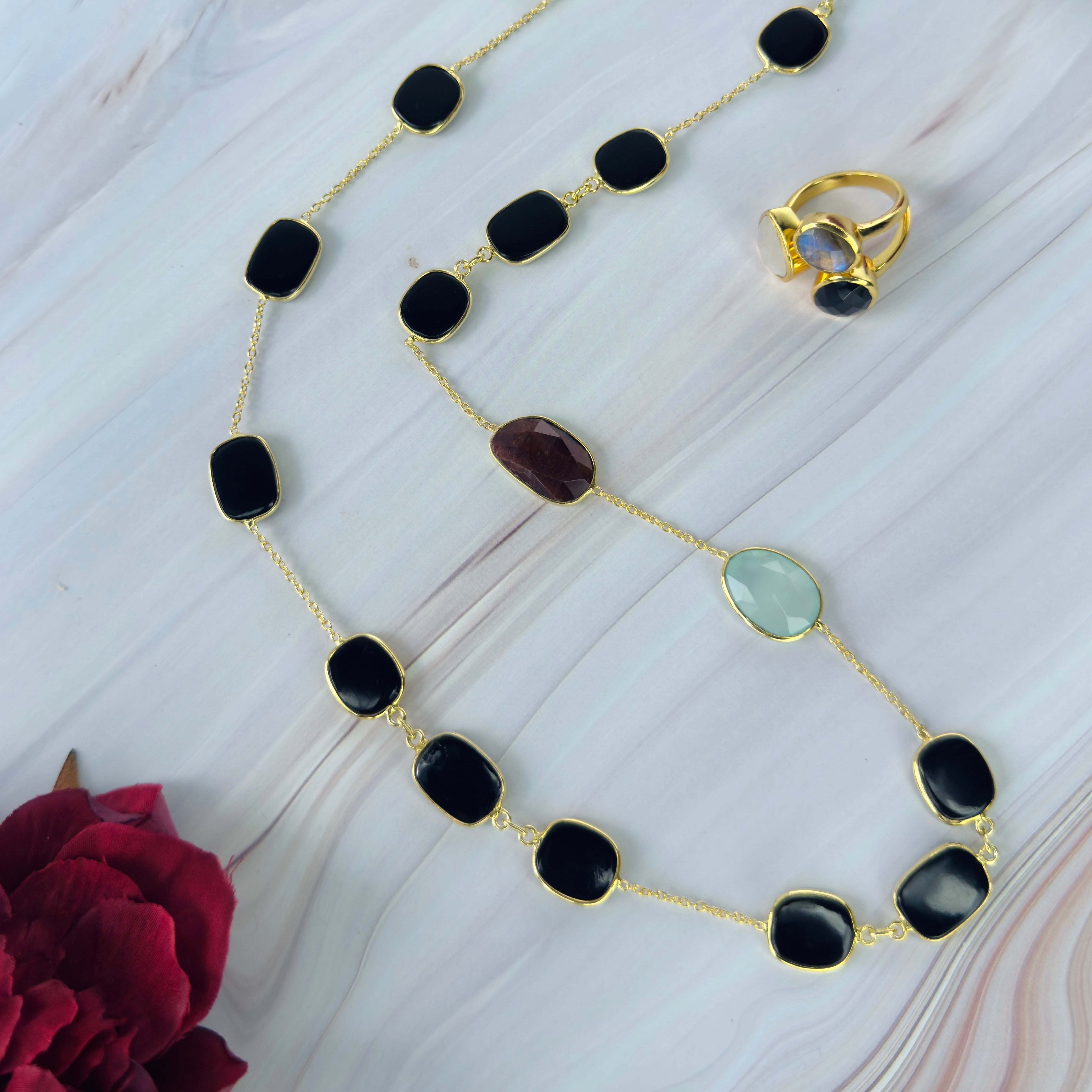 Necklace in Black Onyx, Blue Chalcedony & Tiger's Eye