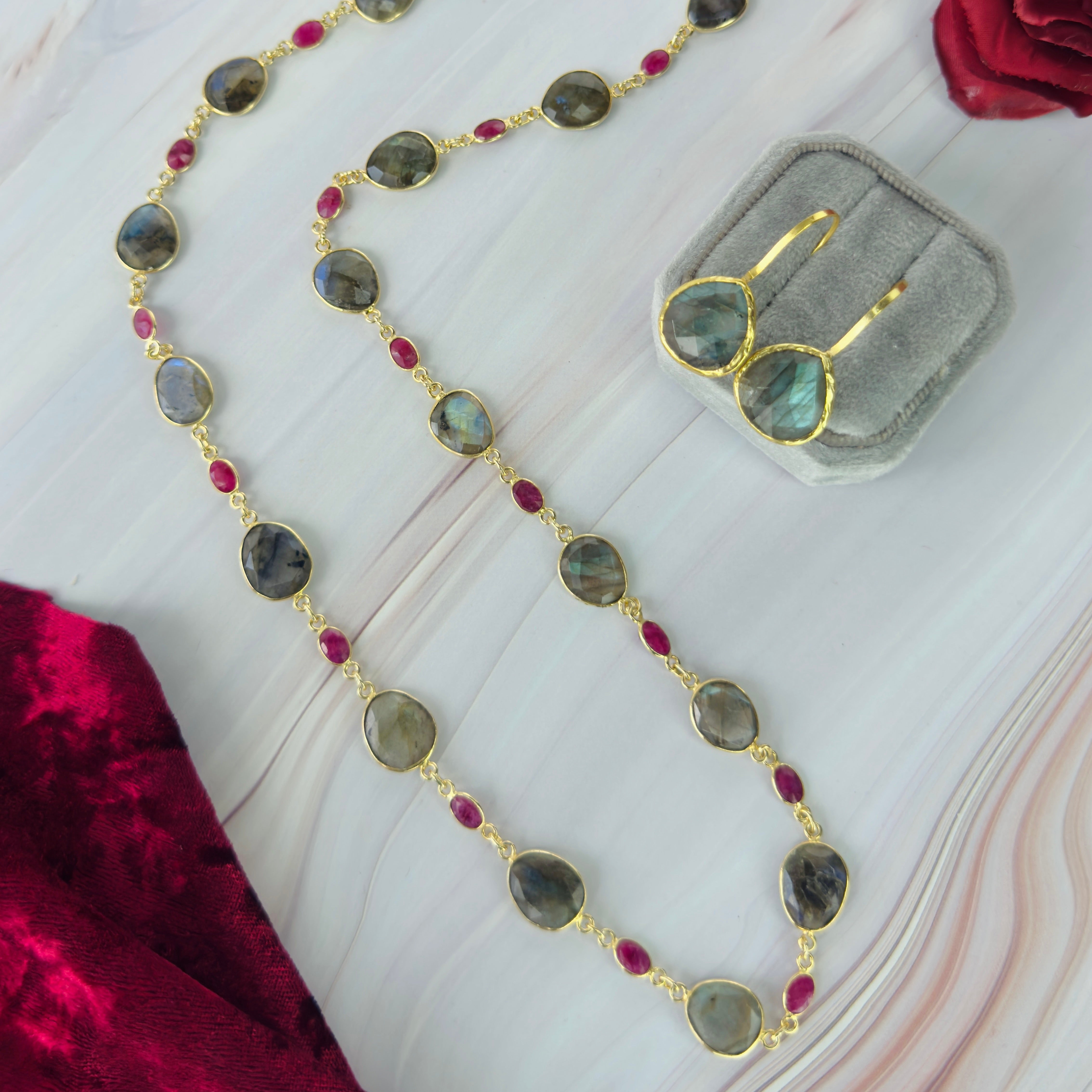 Necklace in Labradorite & Ruby in Labradorite, gold plated, handcrafted gemstone necklace Singapore