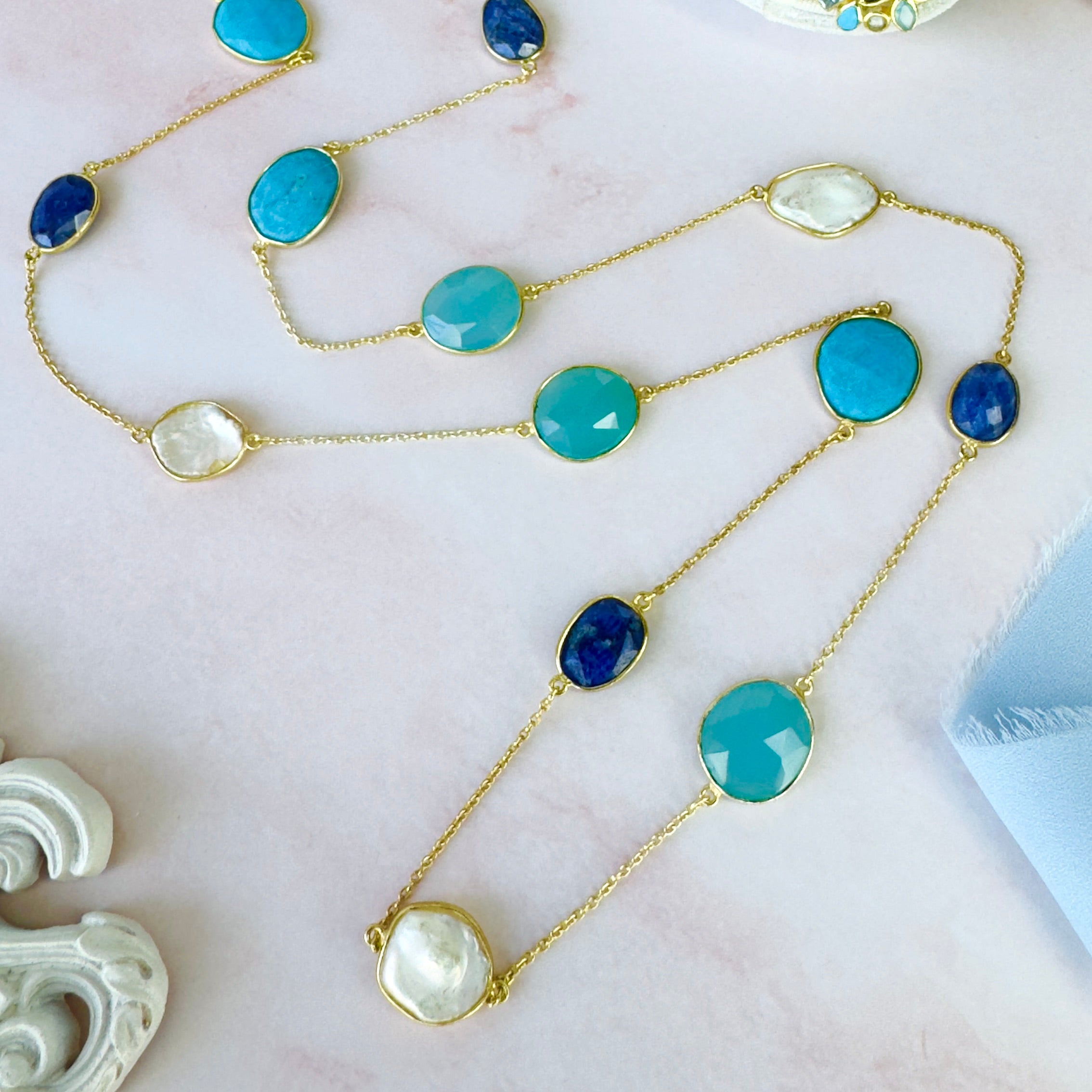 Necklace in Chalcedony, Lapis Lazuli, Pearl & Turquoise in Blue Chalcedony, gold plated, handcrafted gemstone necklace Singapore
