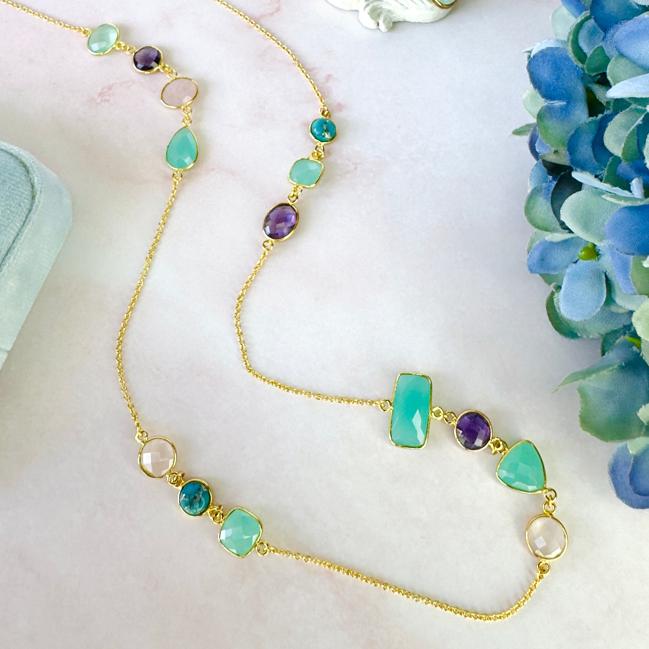 Necklace in Amethyst, Aqua Chalcedony, Turquoise & Rose Quartz in Multi Gem, gold plated, handcrafted gemstone necklace Singapore