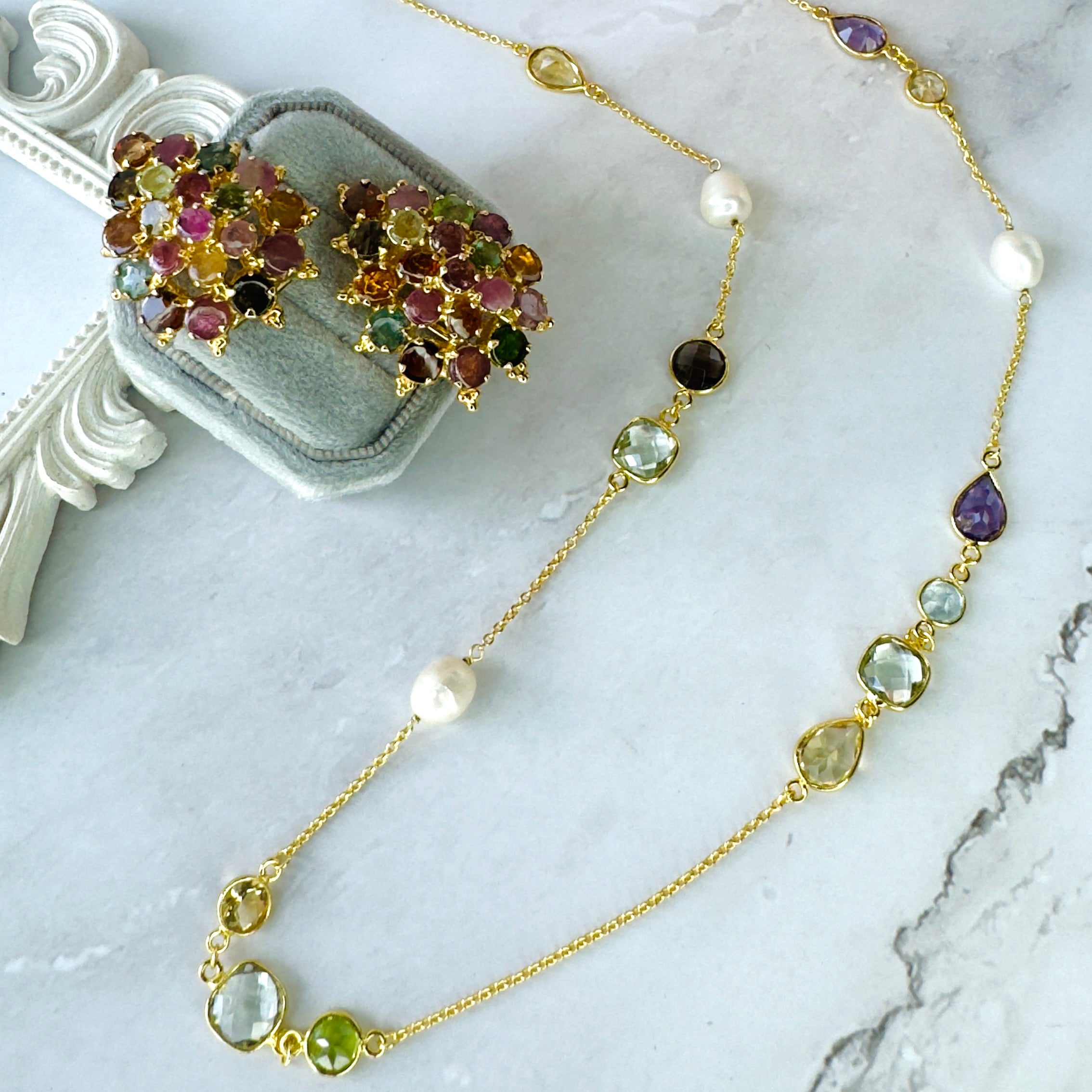 Multi Gemstone & Pearl Necklace in Multi Gem, gold plated, handcrafted gemstone necklace Singapore