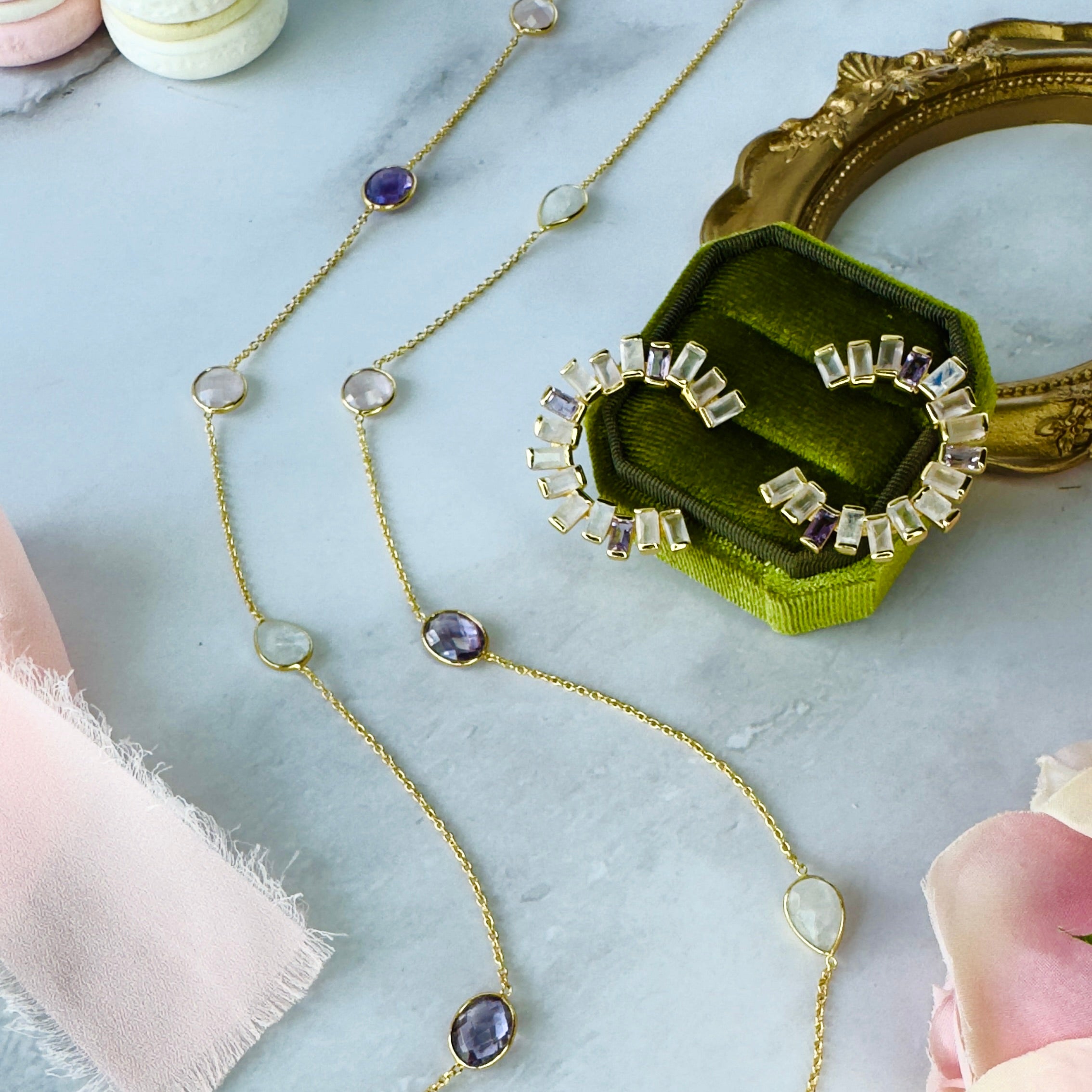Open Gemstone Hoops in Iolite, Moonstone & Rose Quartz in Iolite, gold plated, handcrafted gemstone earrings Singapore