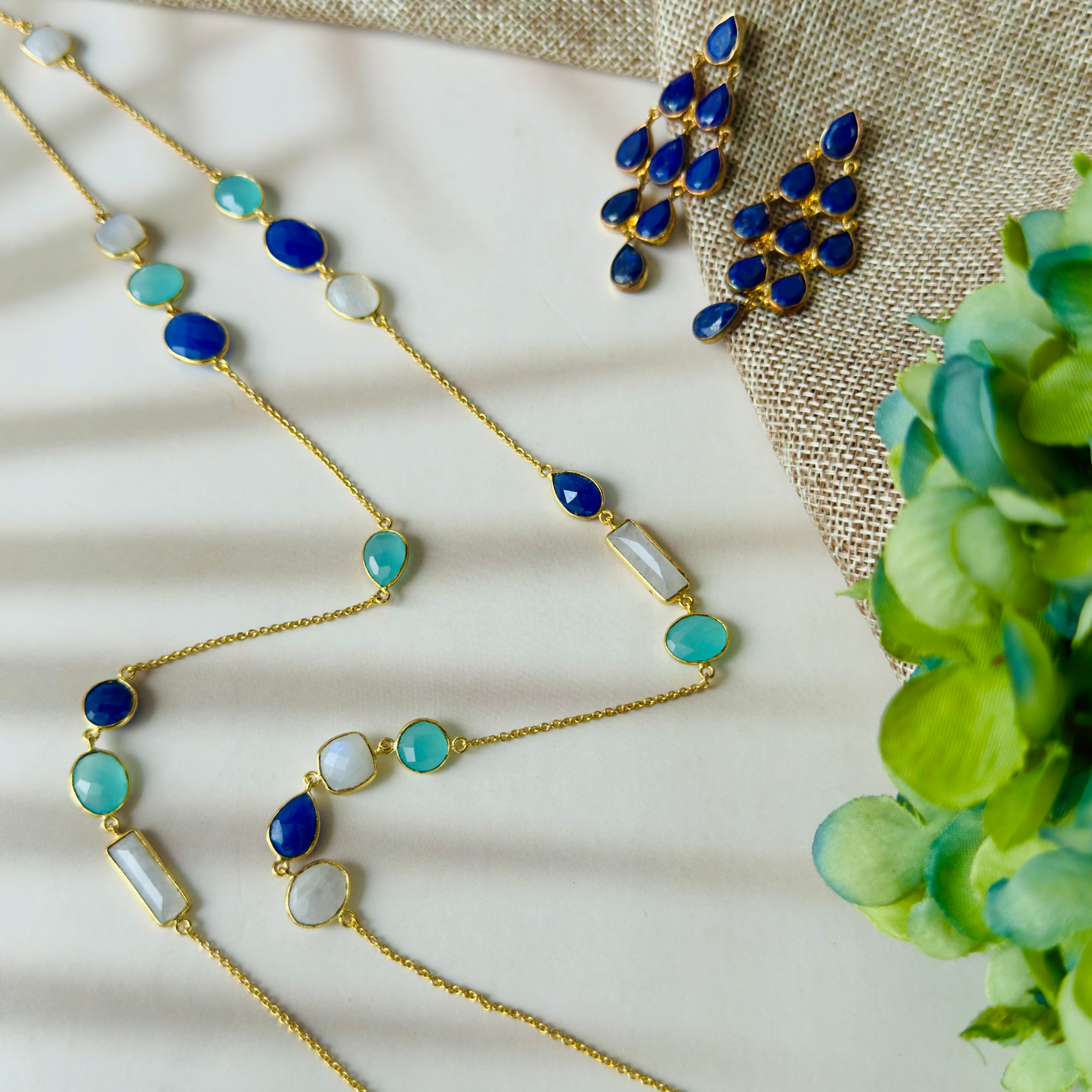 Necklace in Aqua & Blue Chalcedony & Rainbow Moonstone in Aqua Chalcedony, gold plated, handcrafted gemstone necklace Singapore