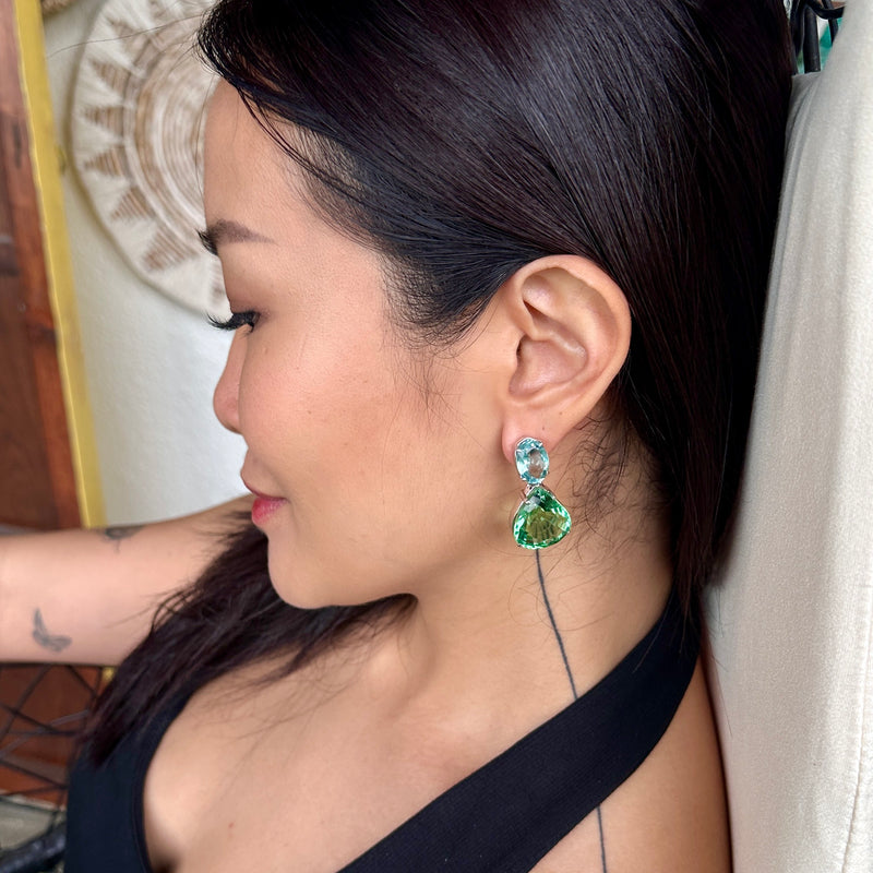Earrings - Blue Topaz & Green Quartz Double Drops