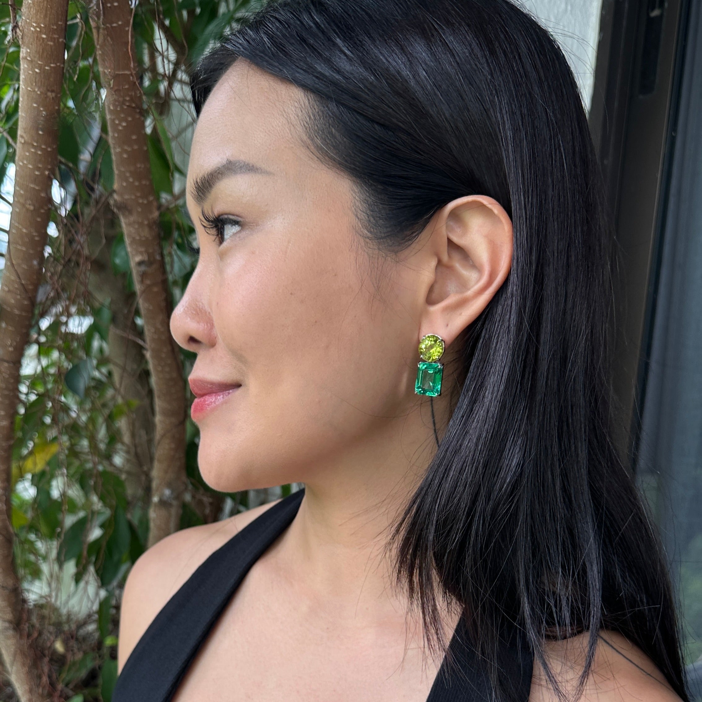 Peridot Quartz & Green Quartz Duo in Peridot, gold plated, handcrafted gemstone earrings Singapore