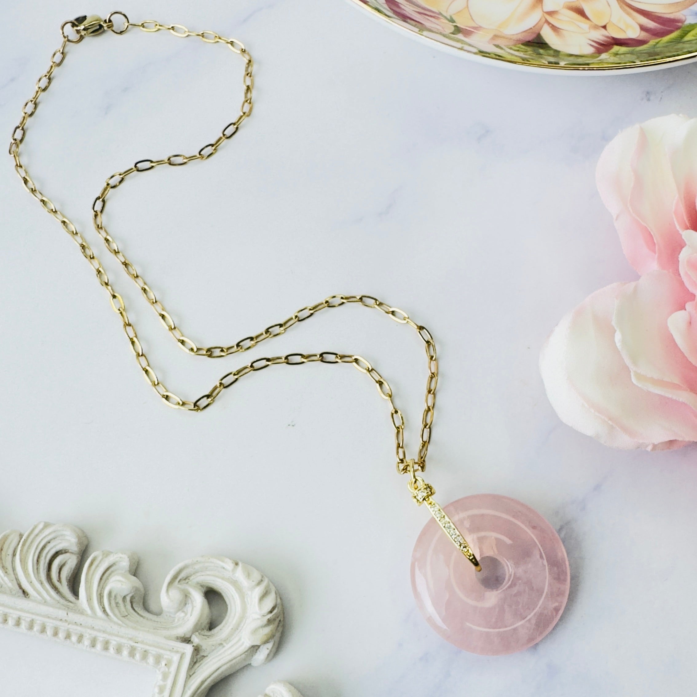 Modern Ming Rose Quartz Pi Disc on Link Chain in Rose Quartz, gold plated, handcrafted gemstone necklace Singapore