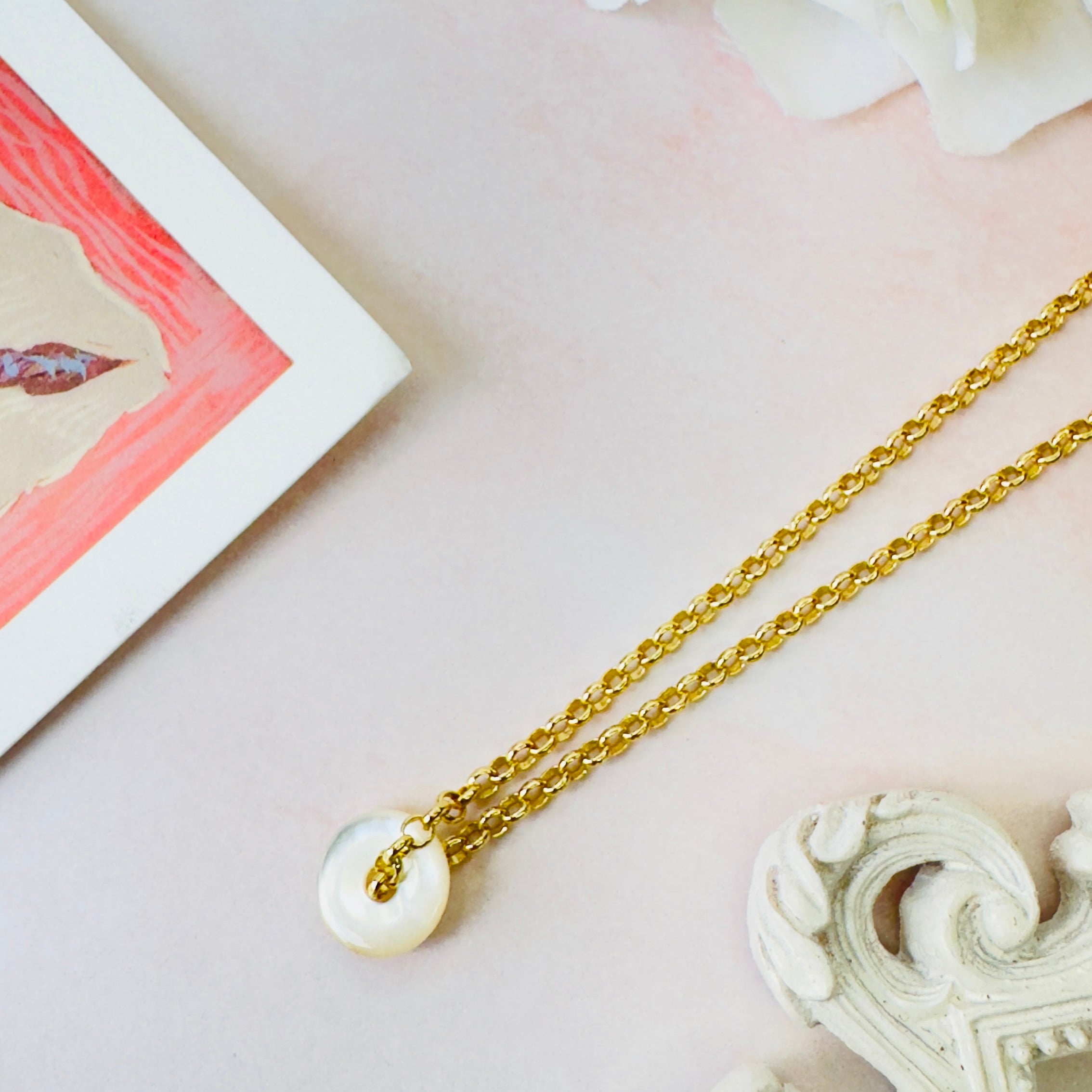 Modern Ming Nacre Pi Disc on Rolo Chain in Nacre, gold plated, handcrafted gemstone necklace Singapore