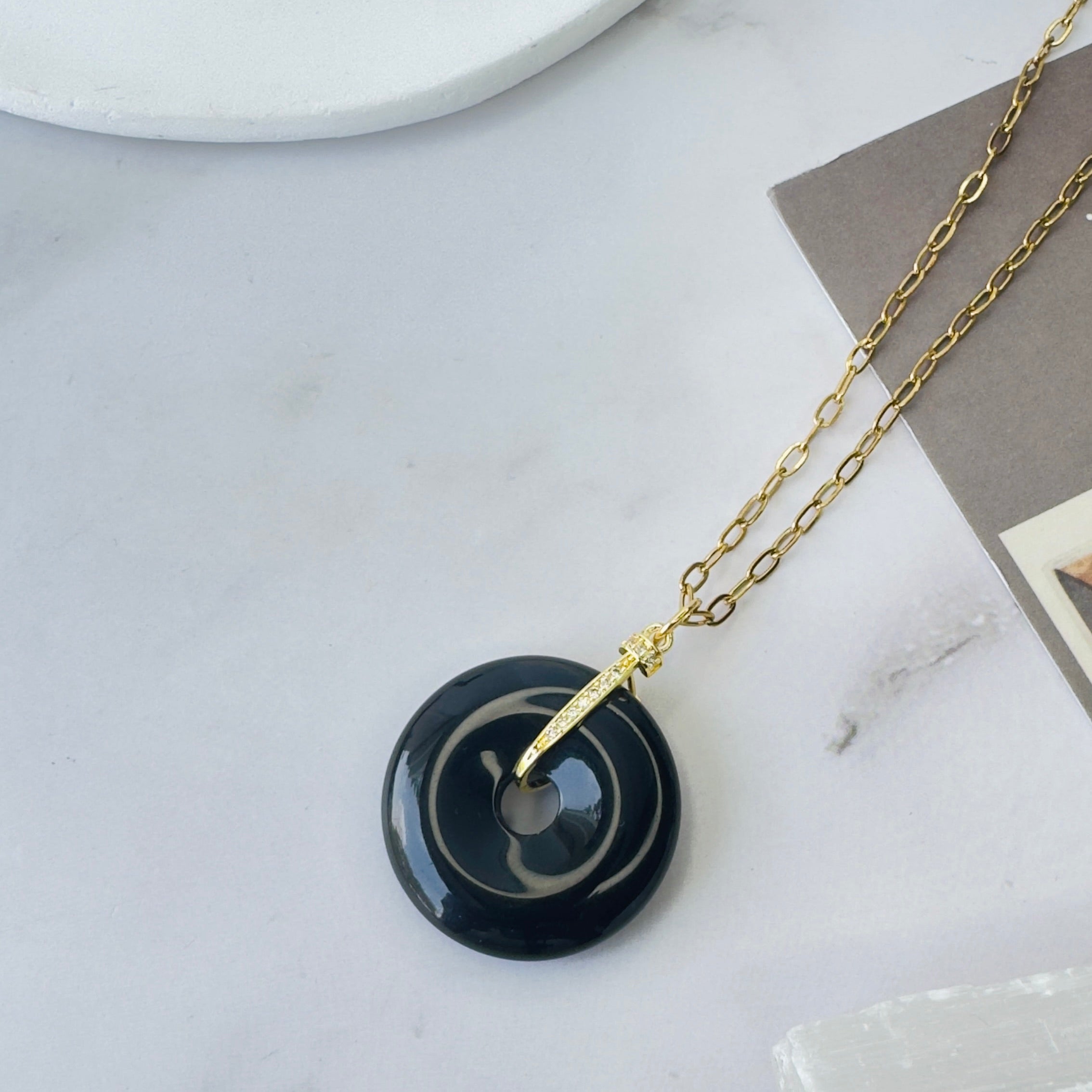 Modern Ming Black Onyx Pi Disc on Link Chain in Black Onyx, gold plated, handcrafted gemstone necklace Singapore