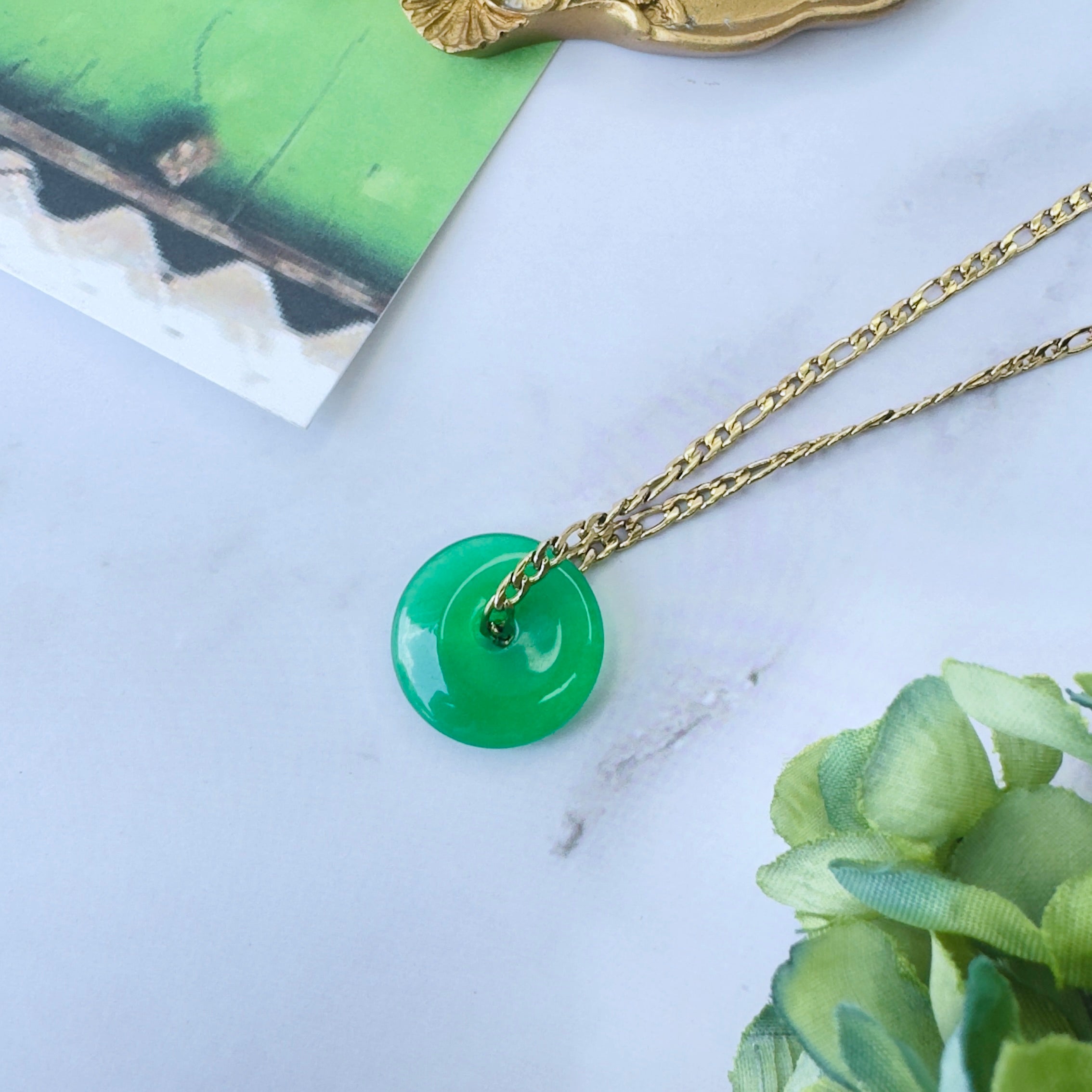 Modern Ming Jade Pi Disc on Antique Figaro Chain in Jade, gold plated, handcrafted gemstone necklace Singapore