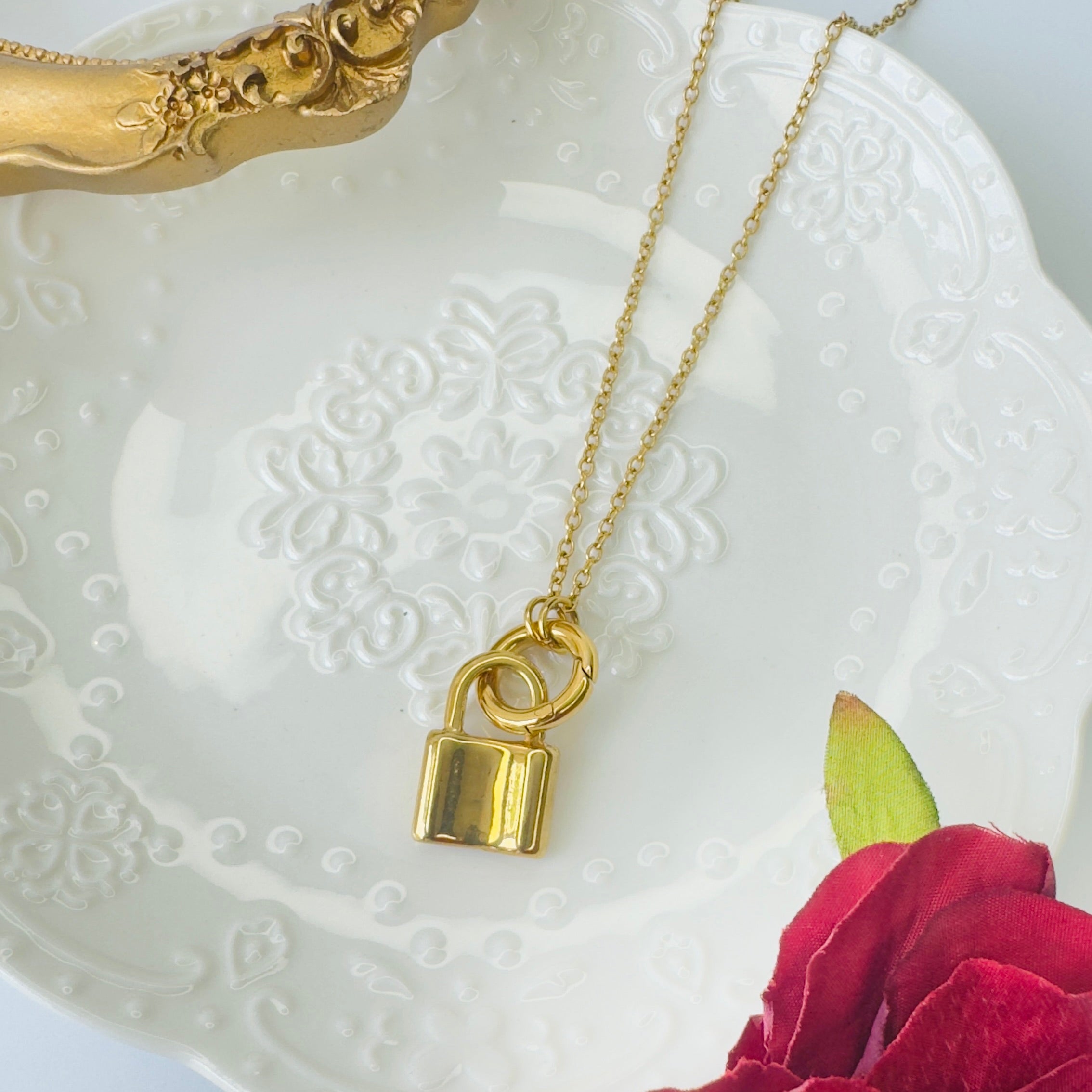Chain Necklace with Padlock, gold plated, handcrafted gemstone necklace Singapore