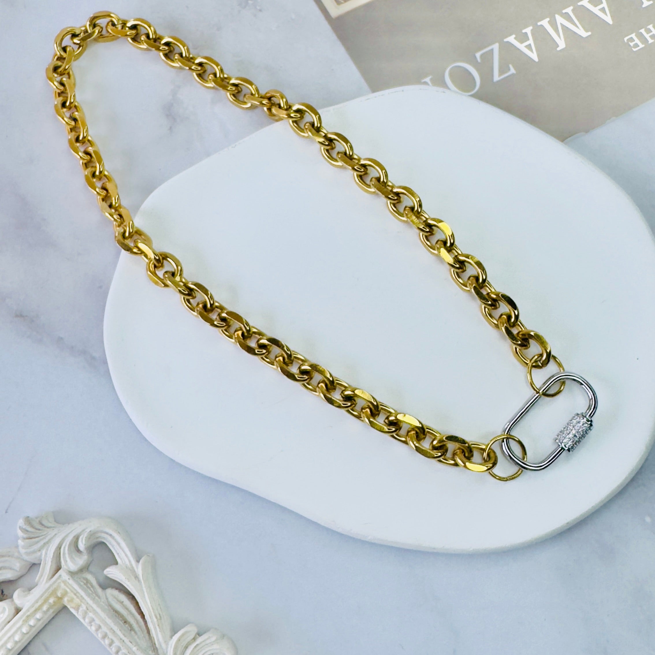 DNA Chain Necklace in Gold with Silver Carabiner