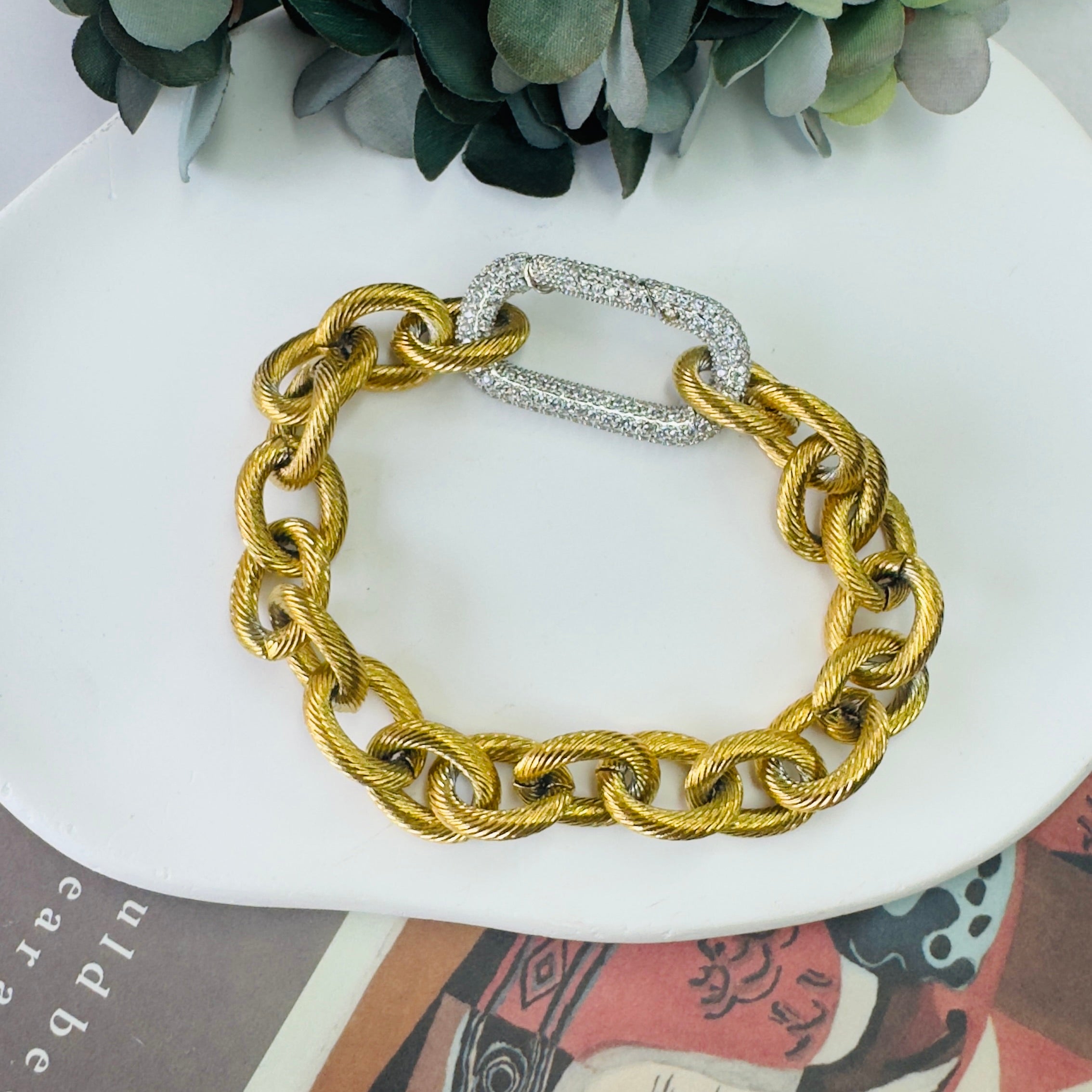 DNA Chain Bracelet in Gold with Silver Clasp in Zircon, gold plated, handcrafted gemstone bracelets Singapore
