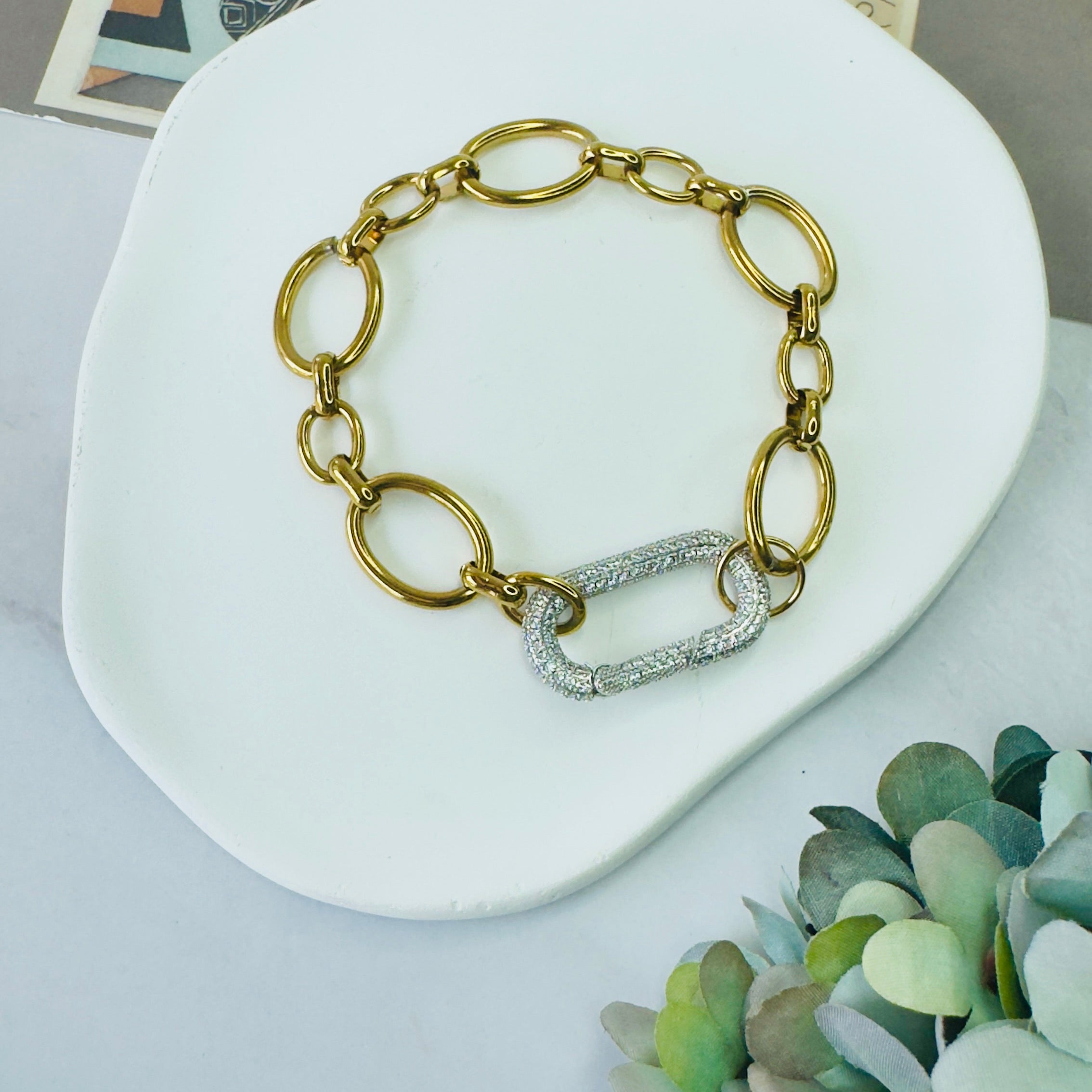 Oval Link Chain Bracelet in Gold with Silver Clasp in Zircon, gold plated, handcrafted gemstone bracelets Singapore