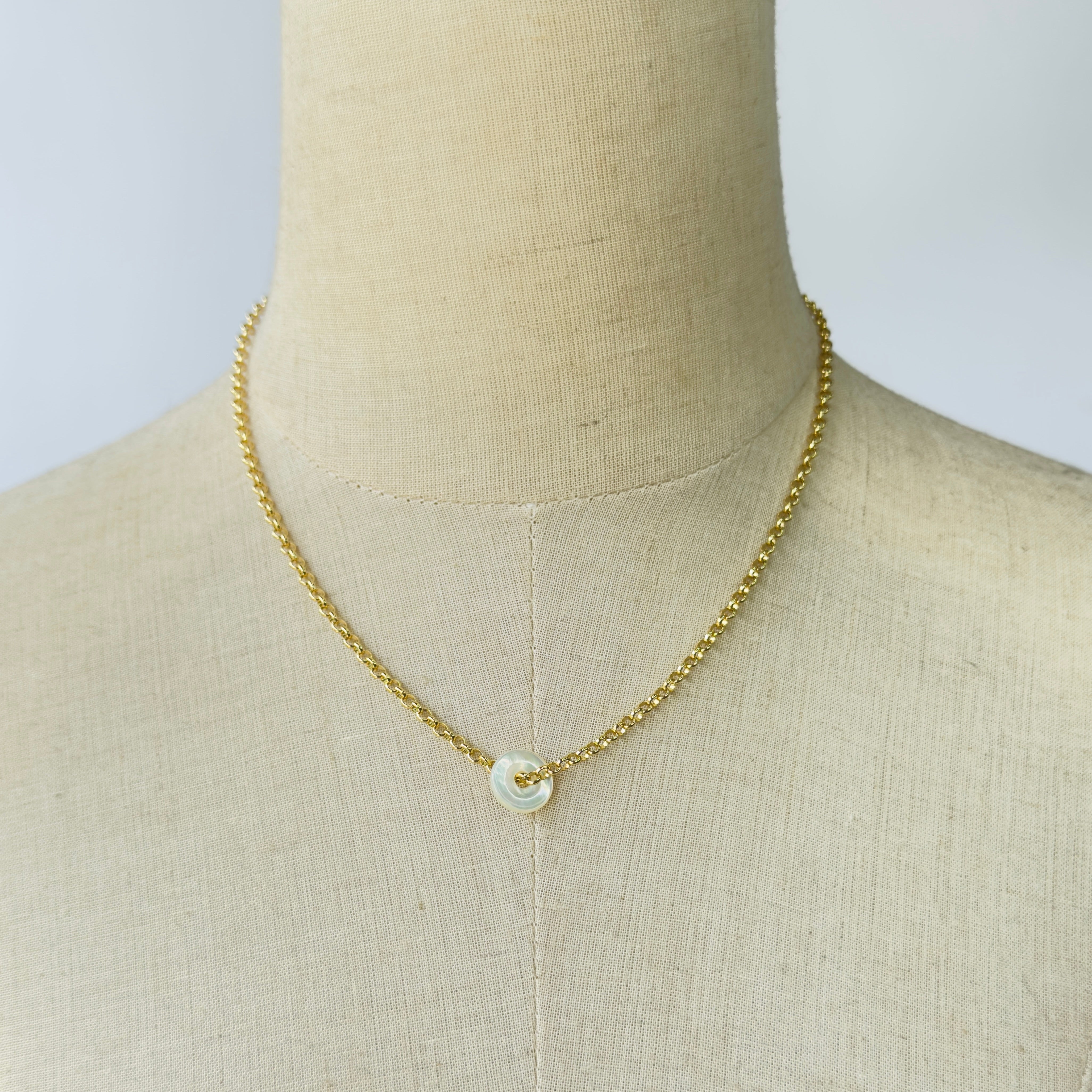 Modern Ming Nacre Pi Disc on Rolo Chain in Nacre, gold plated, handcrafted gemstone necklace Singapore