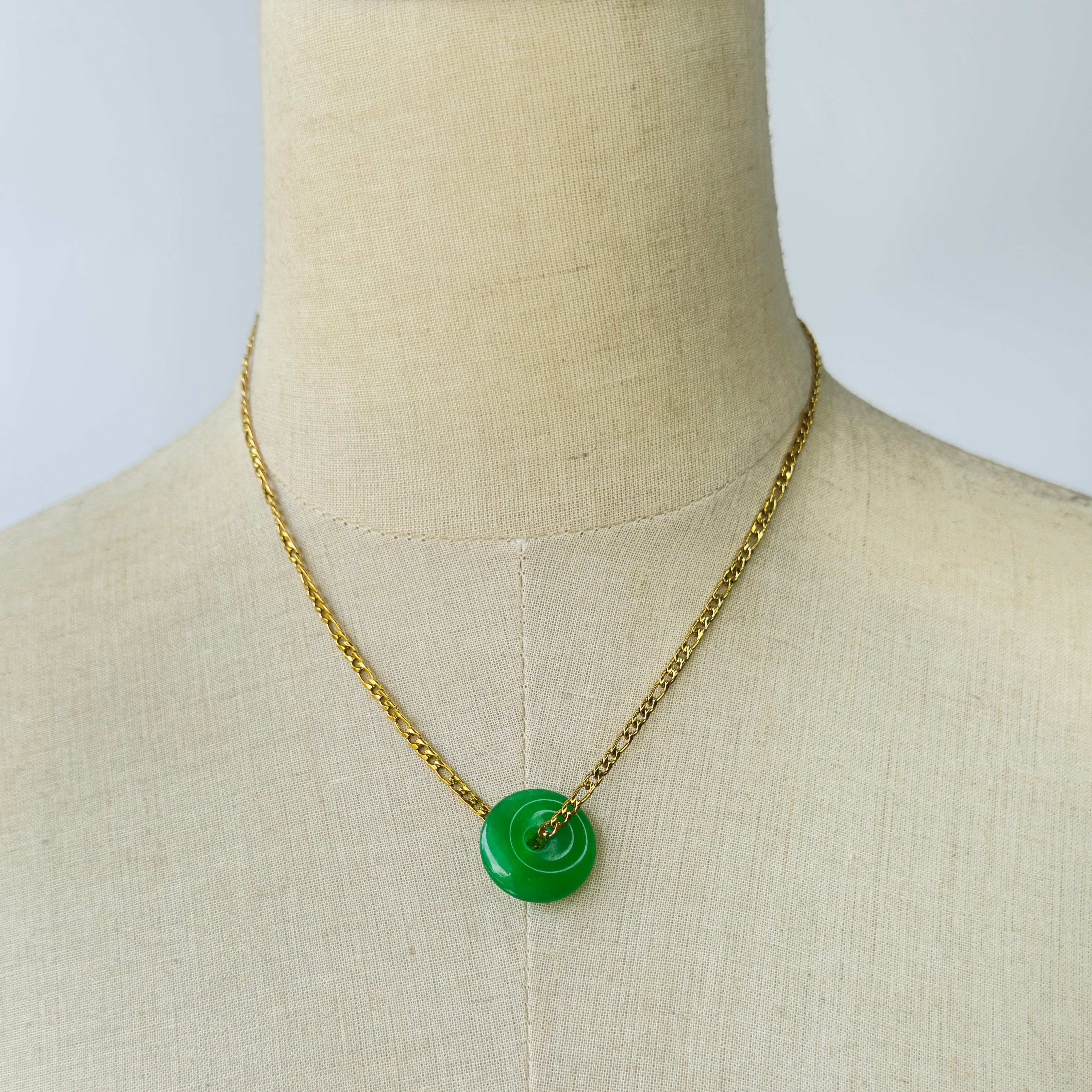 Modern Ming Jade Pi Disc on Antique Figaro Chain in Jade, gold plated, handcrafted gemstone necklace Singapore