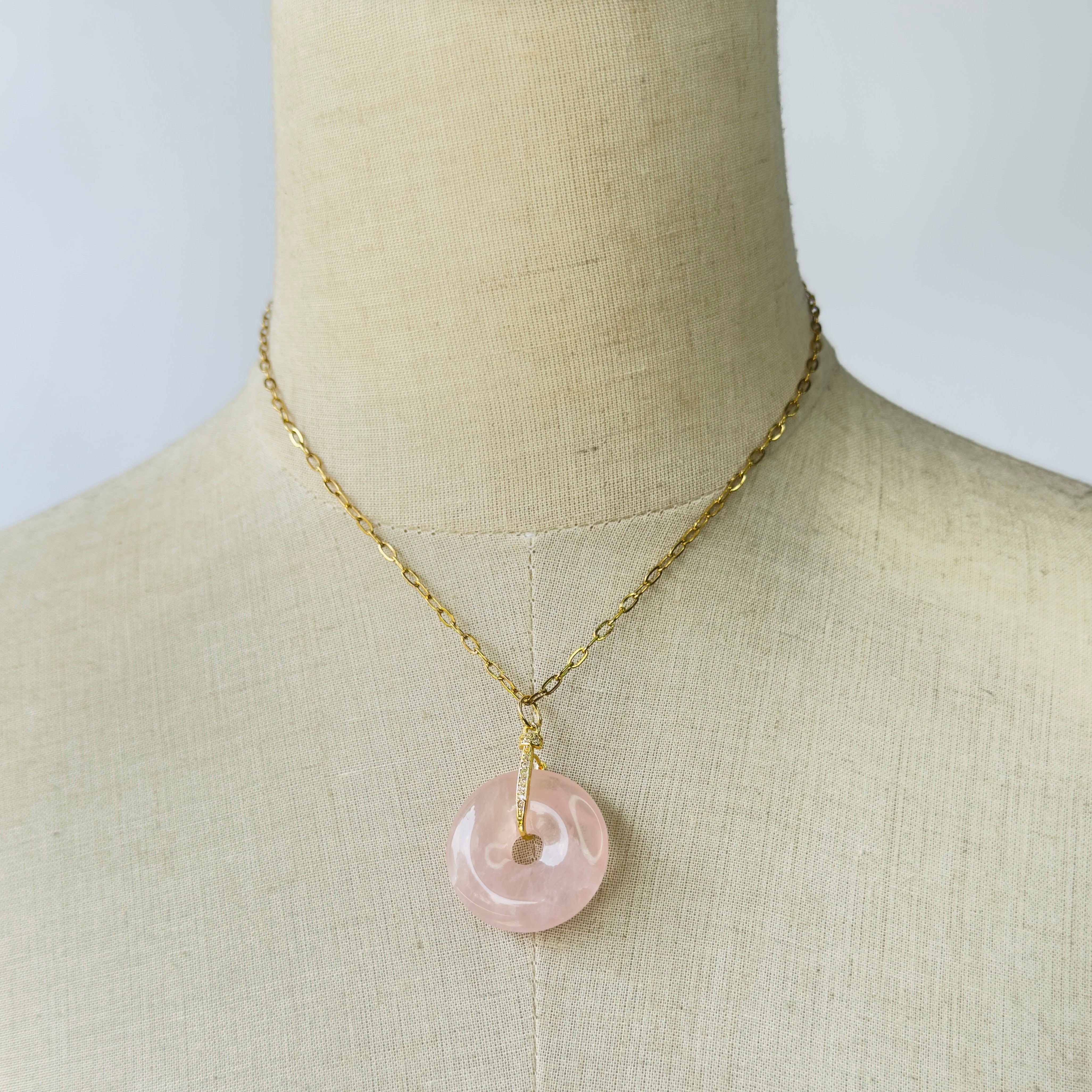 Modern Ming Rose Quartz Pi Disc on Link Chain in Rose Quartz, gold plated, handcrafted gemstone necklace Singapore