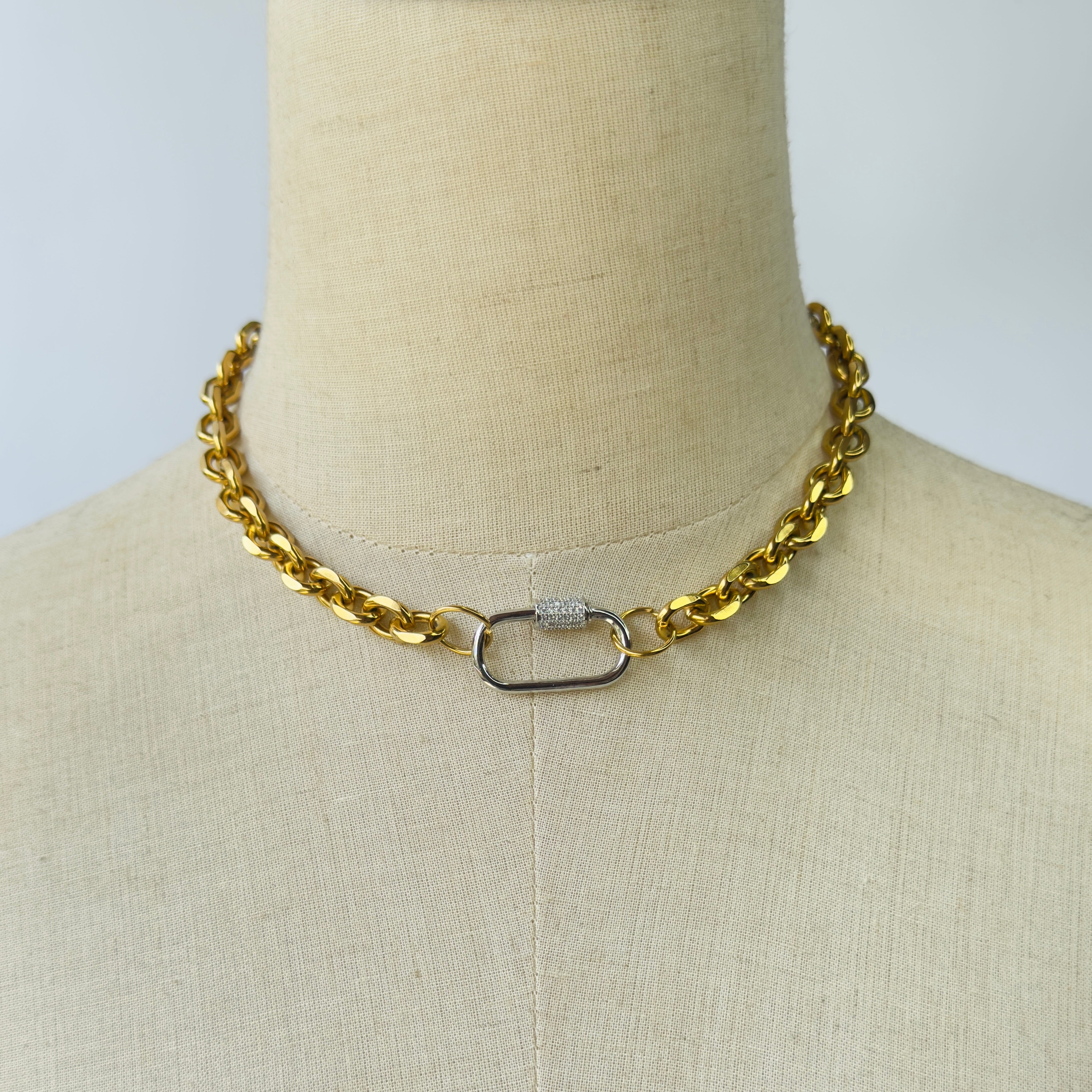 DNA Chain Necklace in Gold with Silver Carabiner in Zircon, gold plated, handcrafted gemstone necklace Singapore