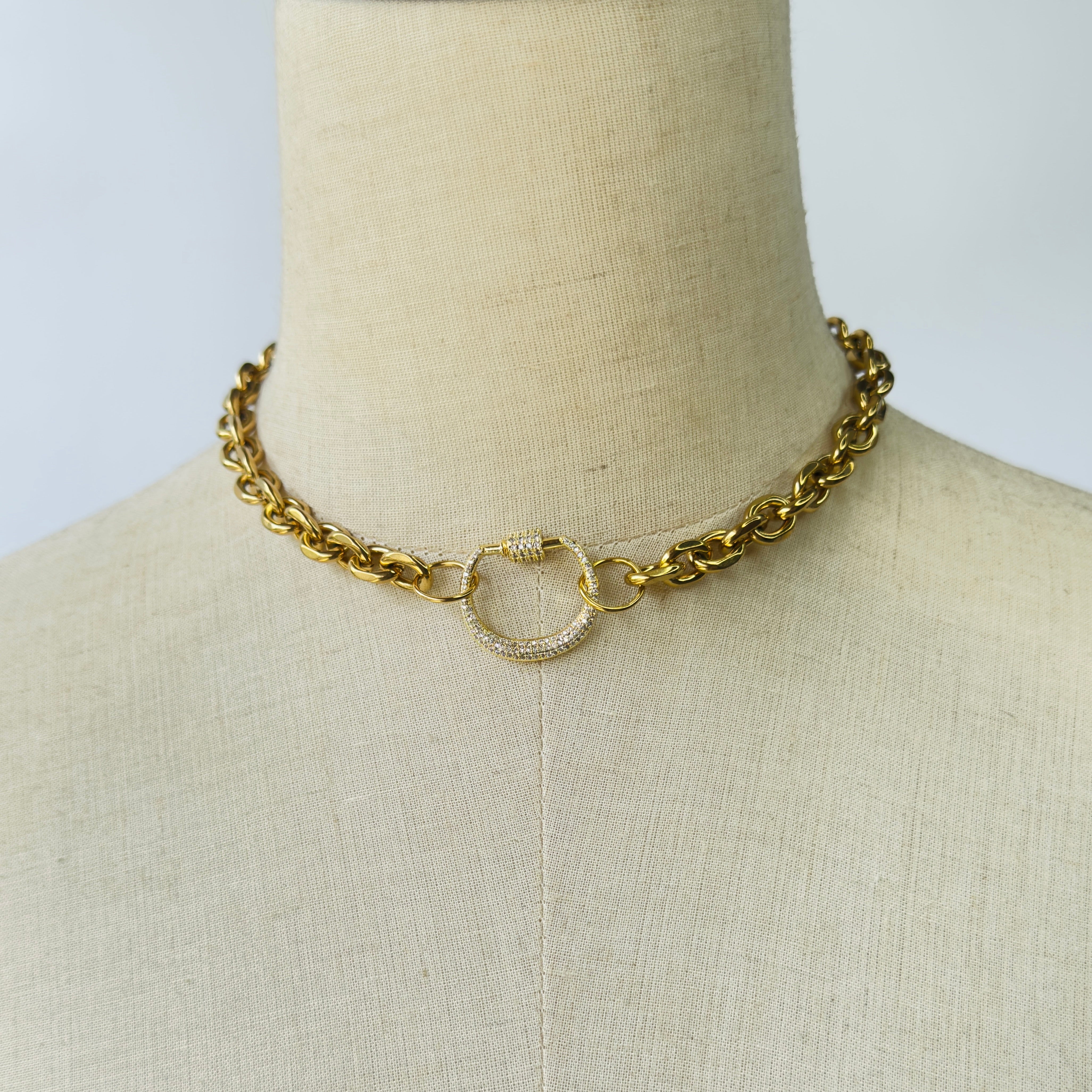 DNA Chain Necklace in Gold with Gold Carabiner in Zircon, gold plated, handcrafted gemstone necklace Singapore