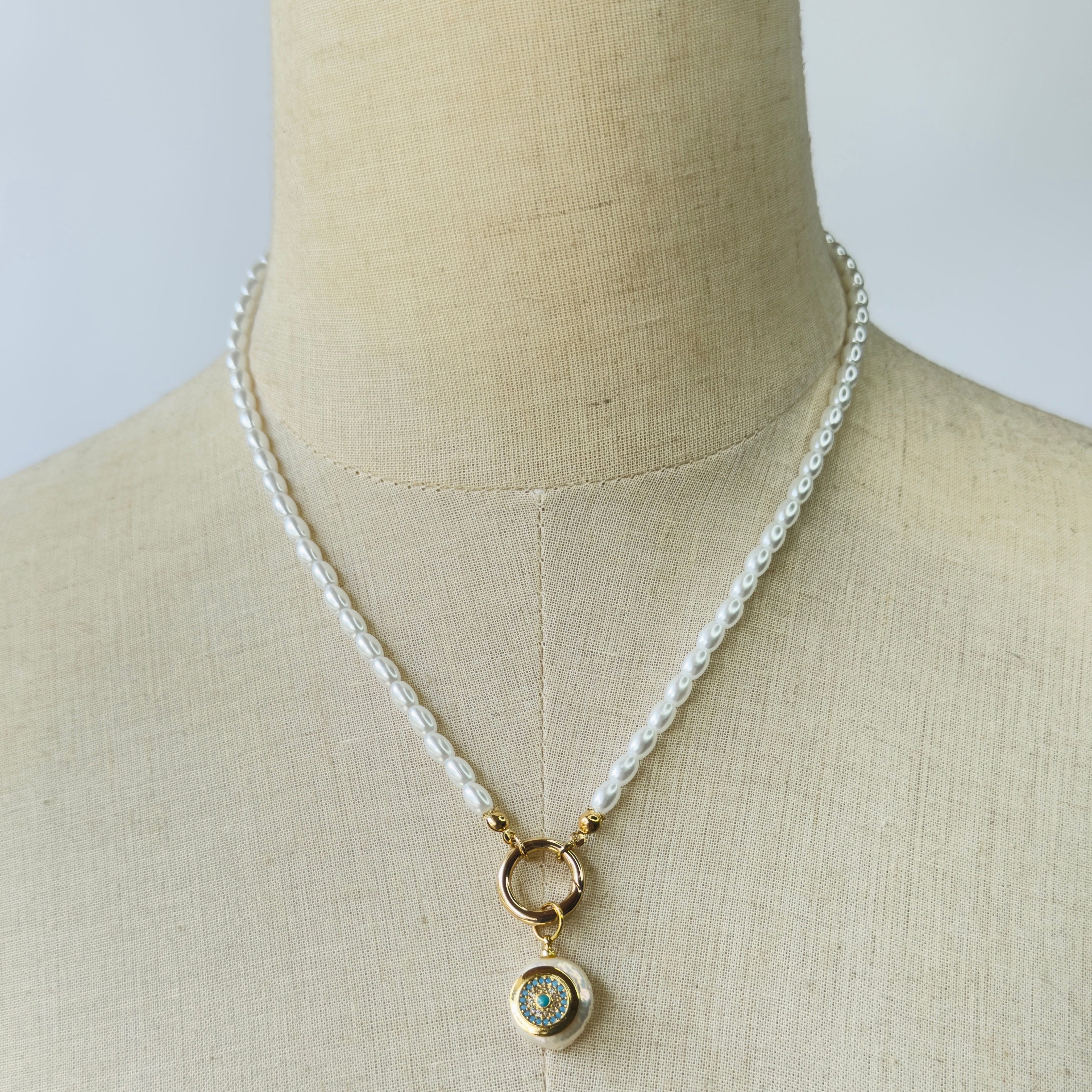 Pearl Necklace with Evil Eye Charm in Pearl, gold plated, handcrafted gemstone necklace Singapore