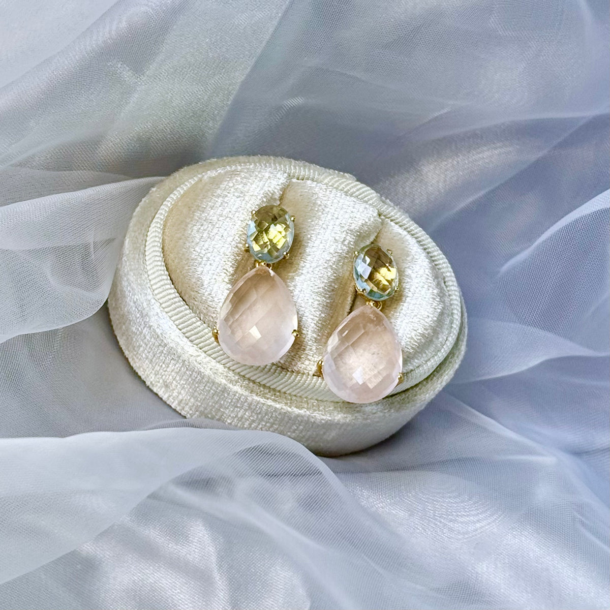 Isolde Earrings in Blue Topaz & Rose Quartz