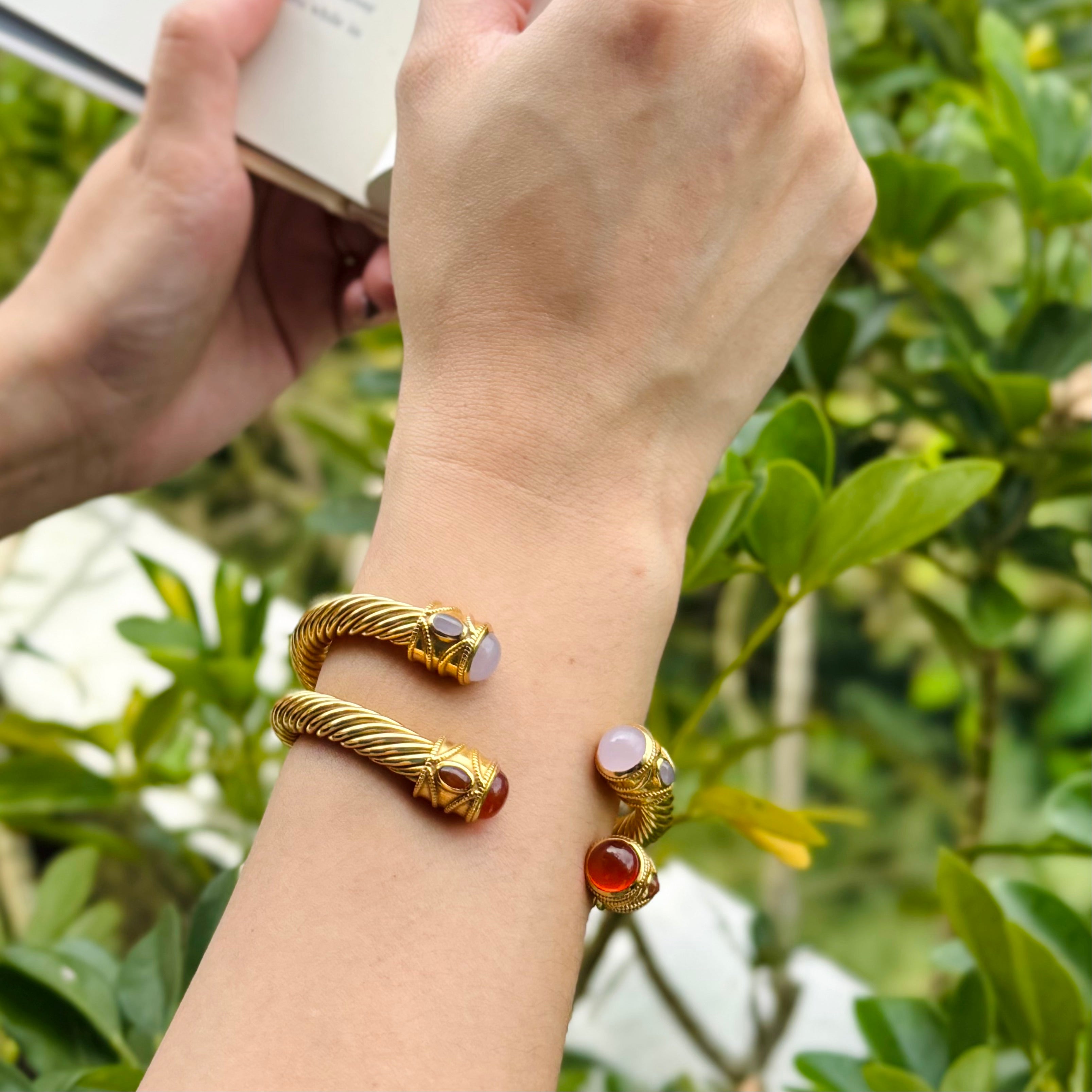 Cable cuff in Carnelian in Carnelian, gold plated, handcrafted gemstone bracelets Singapore