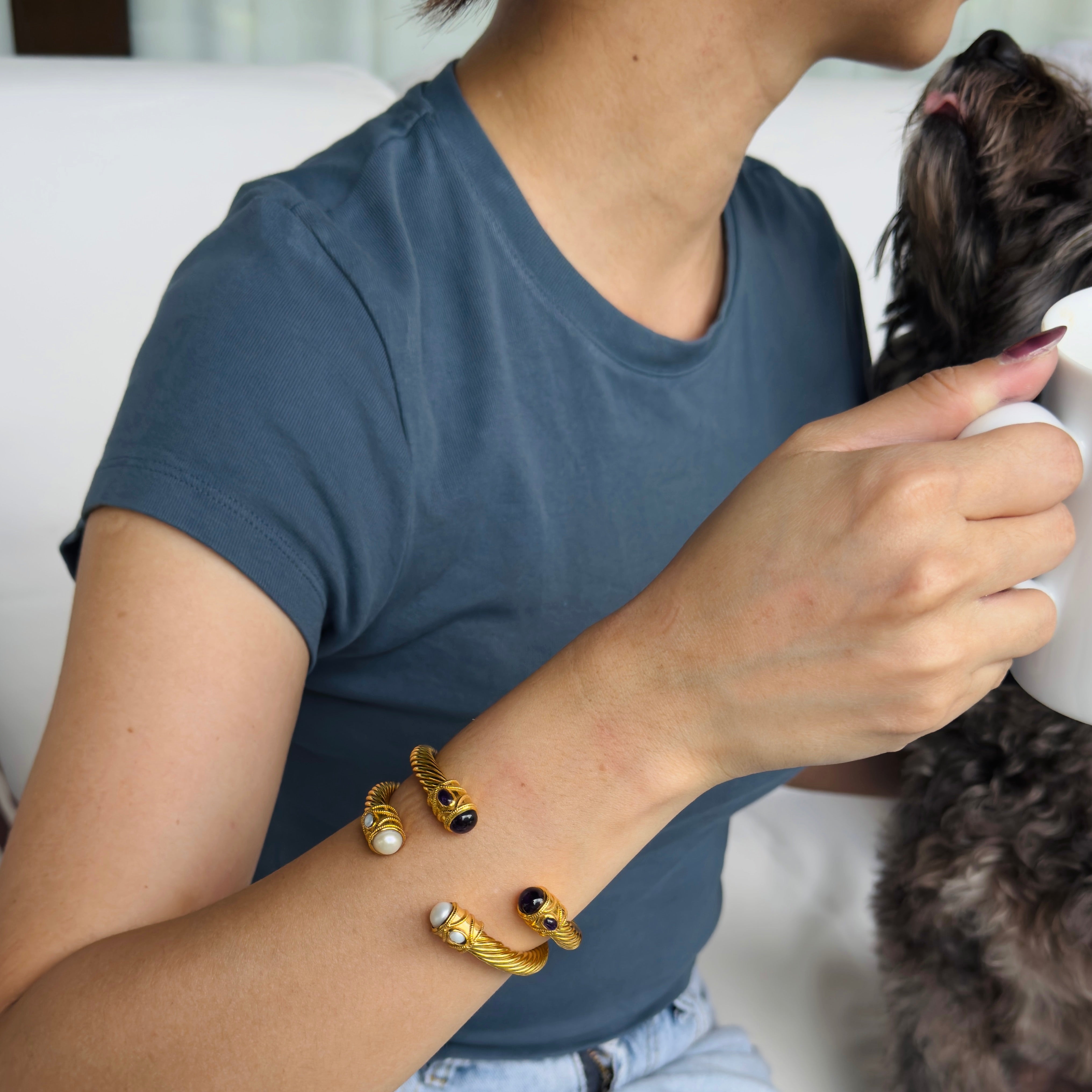 Cable cuff in Pearl in Pearl, gold plated, handcrafted gemstone bracelets Singapore