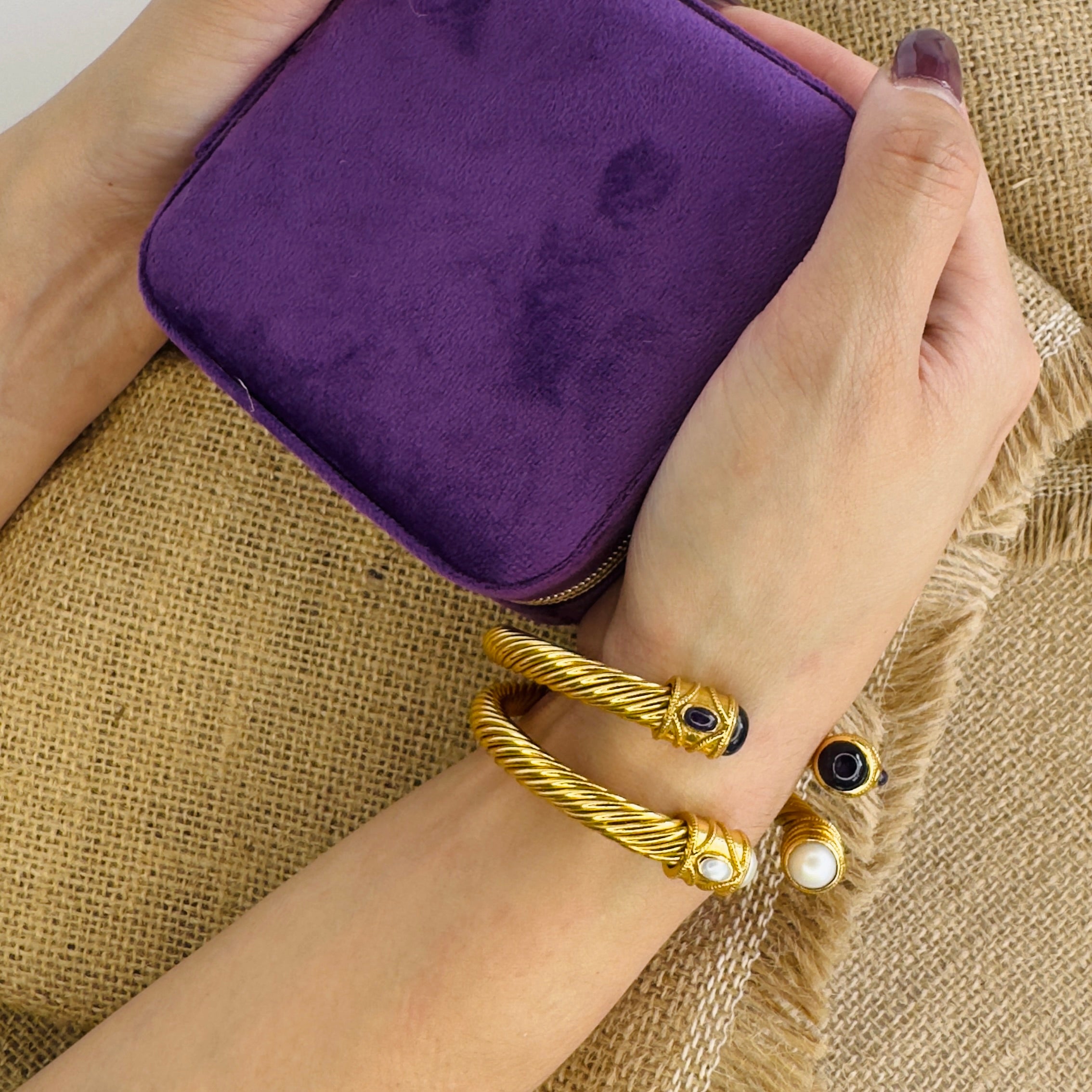 Cable Cuff in Amethyst in Amethyst, gold plated, handcrafted gemstone bracelets Singapore