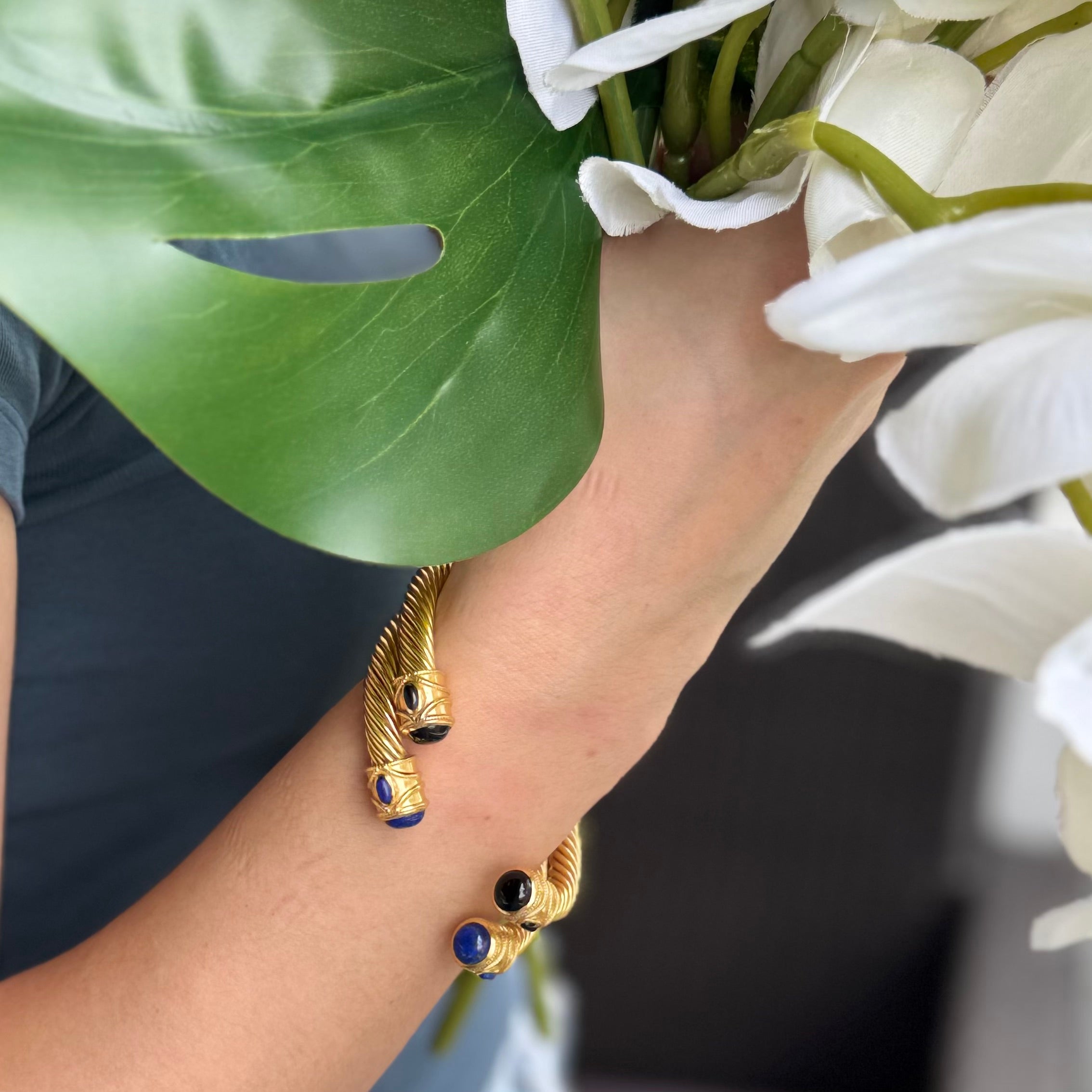 Cable cuff in Lapis Lazuli in Lapis Lazuli, gold plated, handcrafted gemstone bracelets Singapore