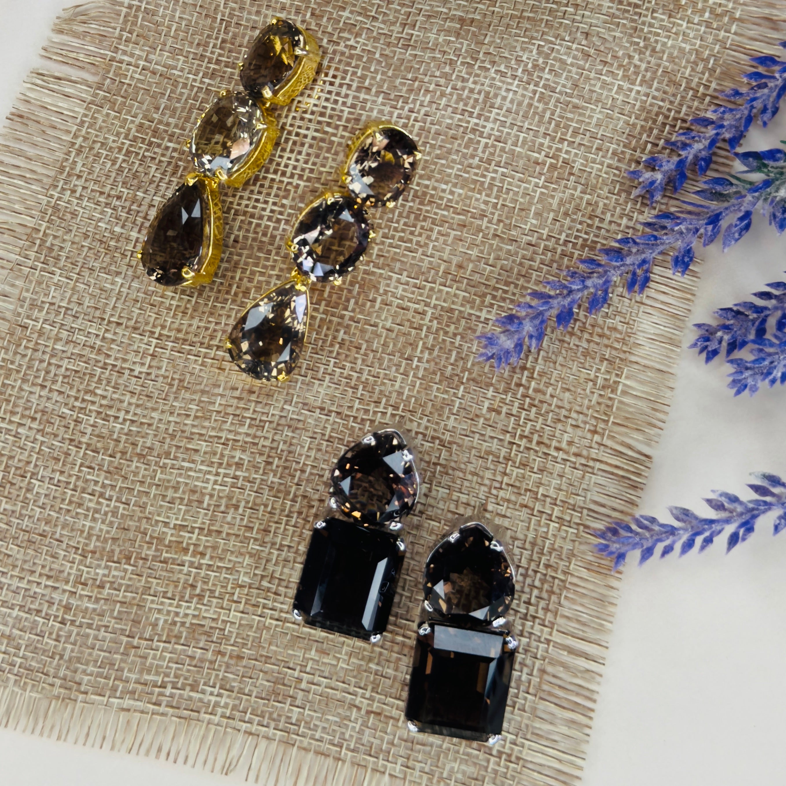 Smoky Quartz Duo in Smoky Quartz, gold plated, handcrafted gemstone earrings Singapore