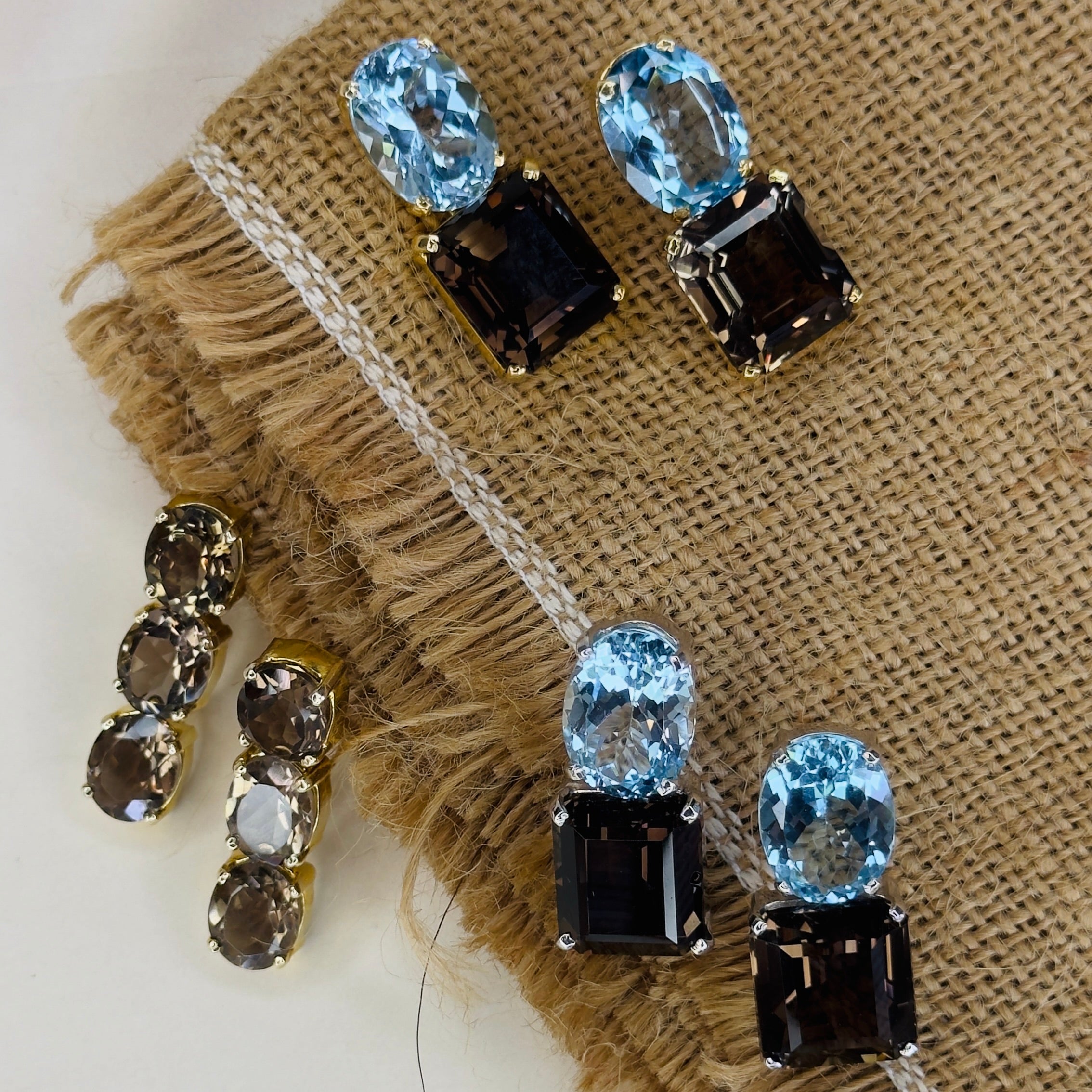 Blue Topaz and Smoky Quartz Duo Earrings in Blue Topaz, gold plated, handcrafted gemstone earrings Singapore