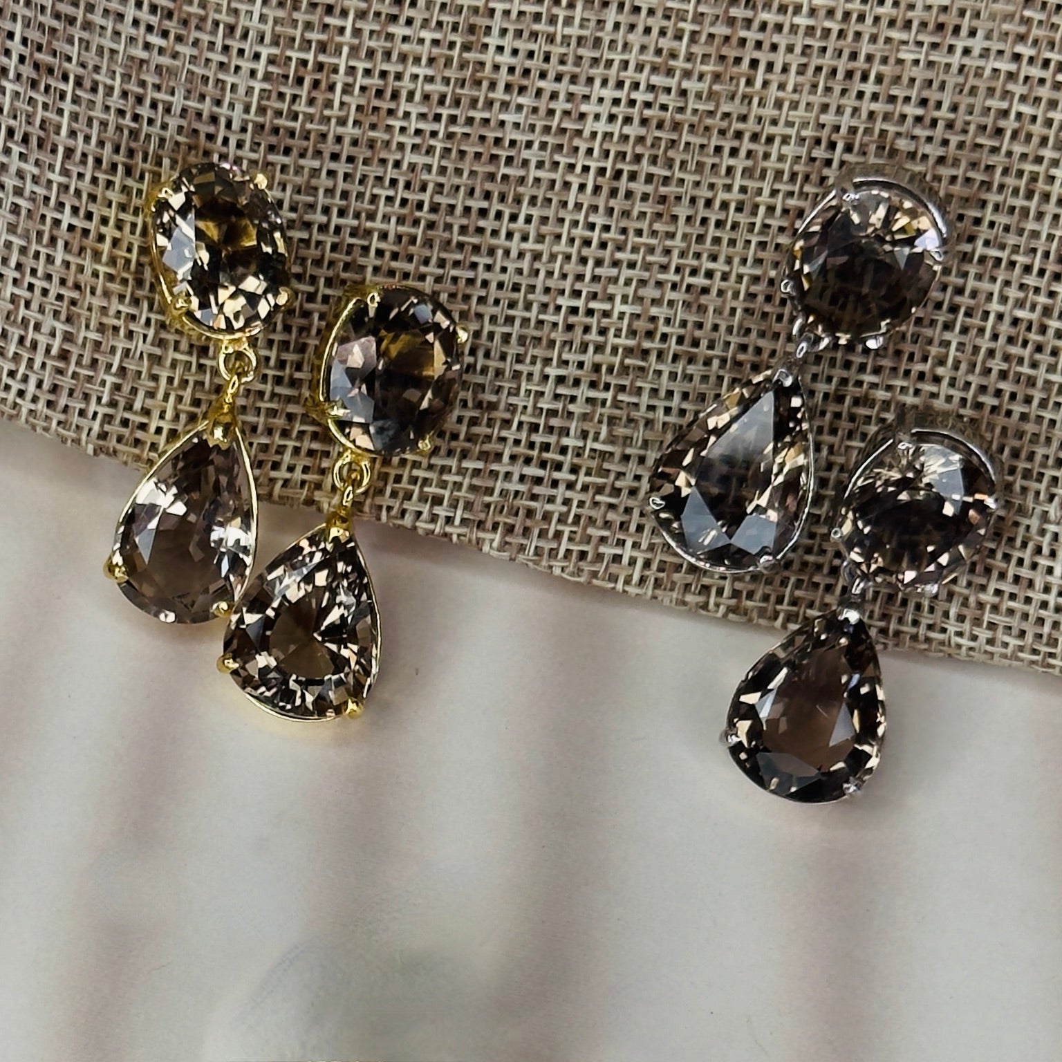 Smoky Quartz Duo in Smoky Quartz, gold plated, handcrafted gemstone earrings Singapore