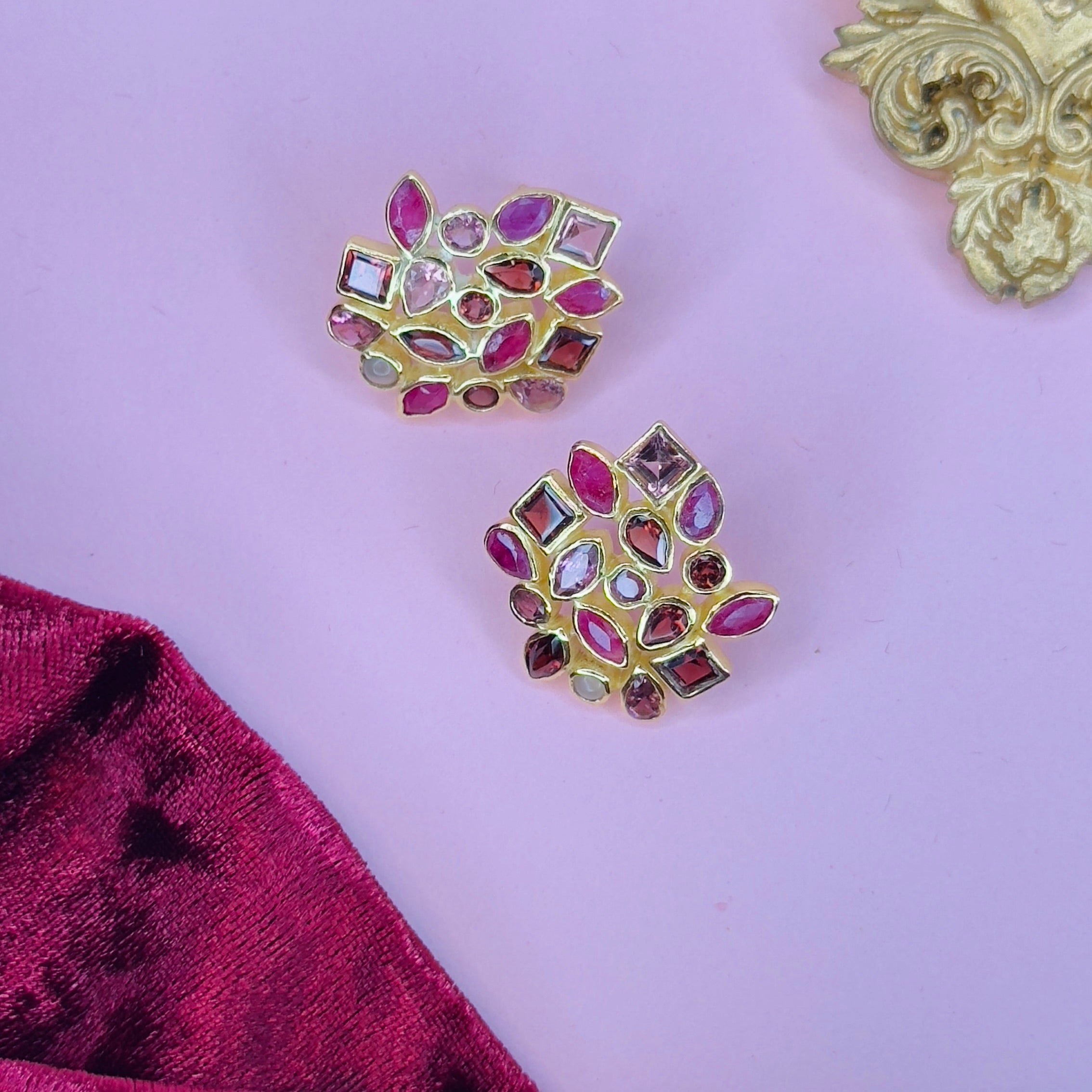 Cluster Earrings in Mixed Reds in Garnet, gold plated, handcrafted gemstone earrings Singapore