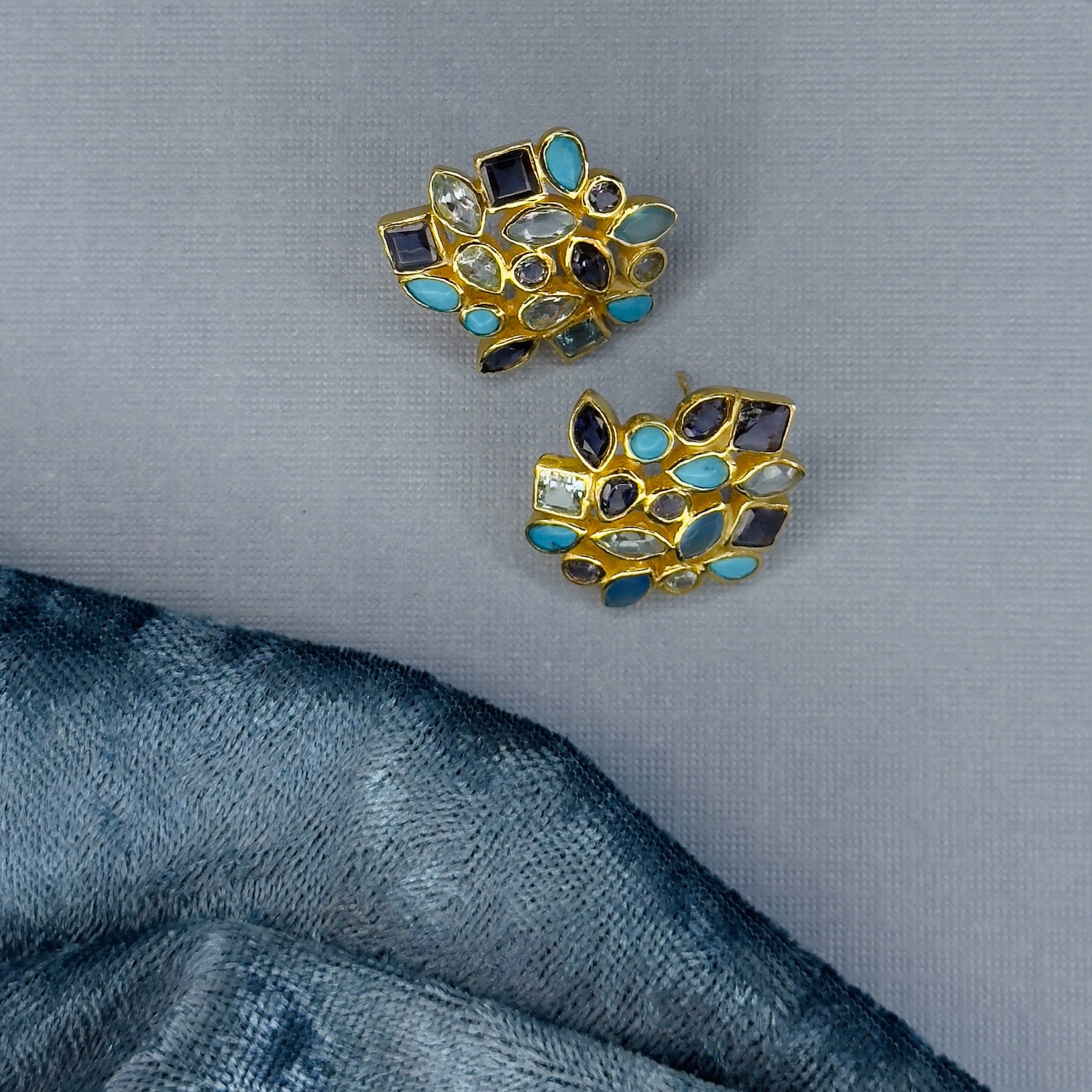Cluster Earrings in Mixed Blues in Blue Topaz, gold plated, handcrafted gemstone earrings Singapore