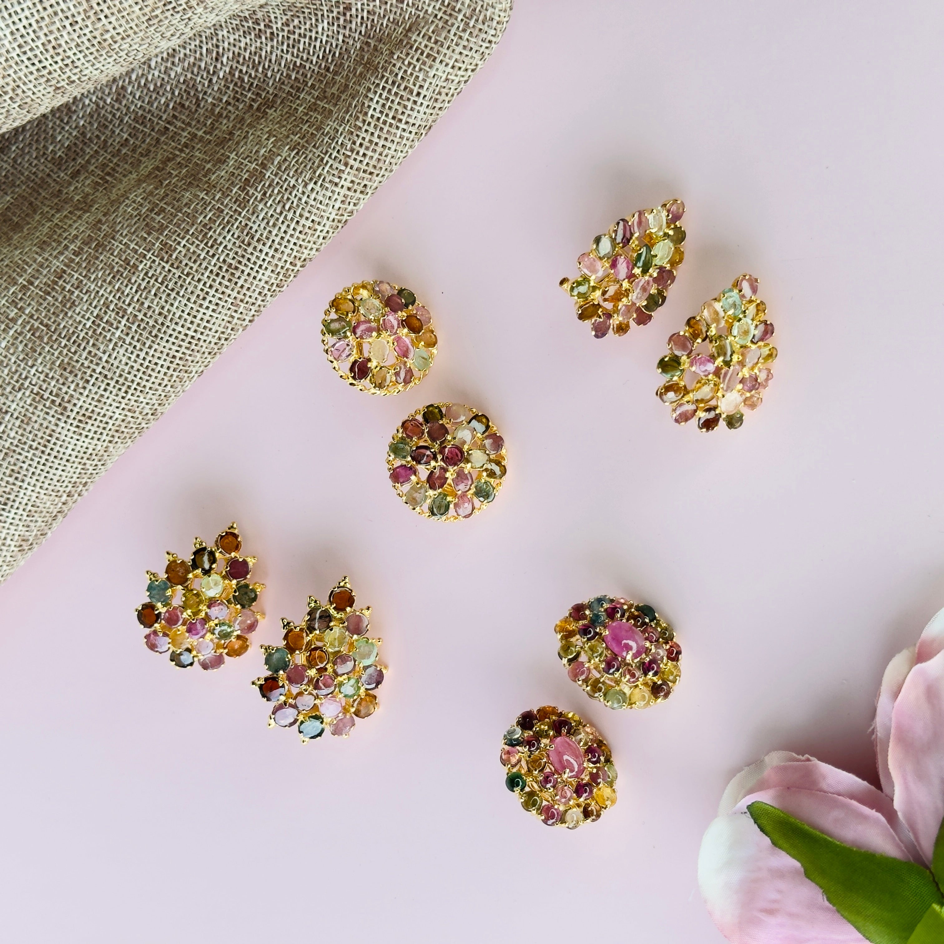 Tourmaline Cluster in Tourmaline, gold plated, handcrafted gemstone earrings Singapore