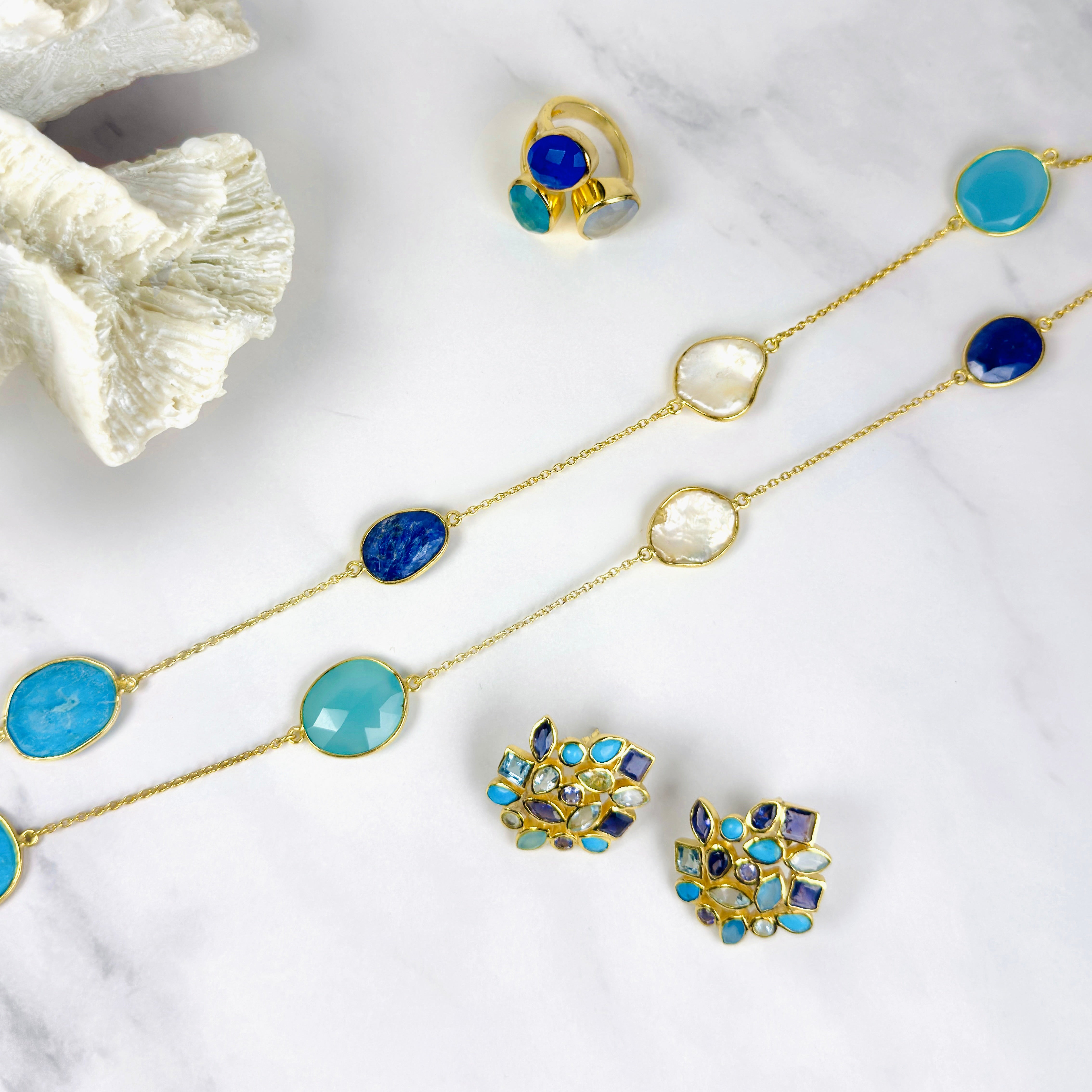 Chalcedony, Lapis Lazuli, Pearl & Turquoise Necklace