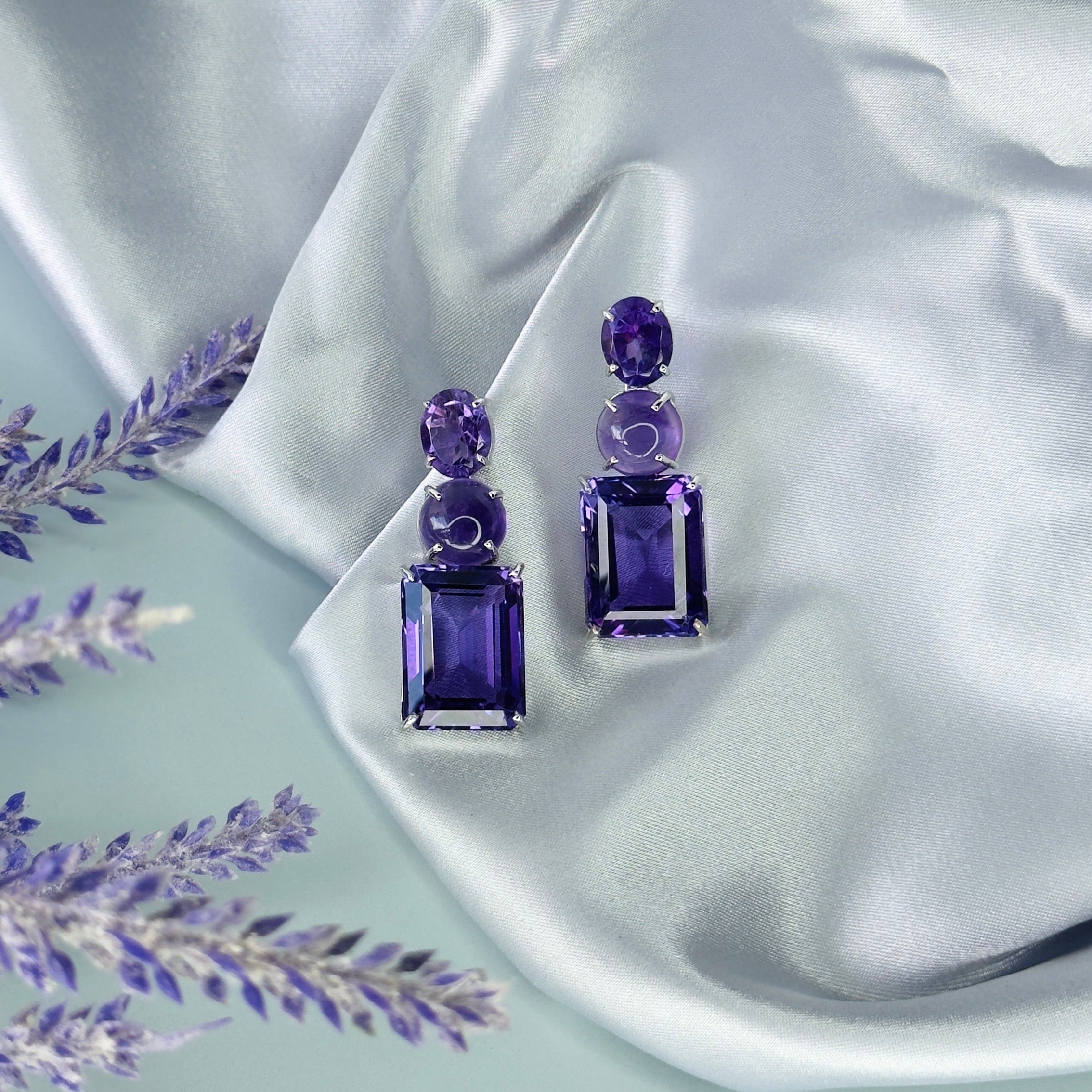 Amethyst Trio in Amethyst, gold plated, handcrafted gemstone earrings Singapore